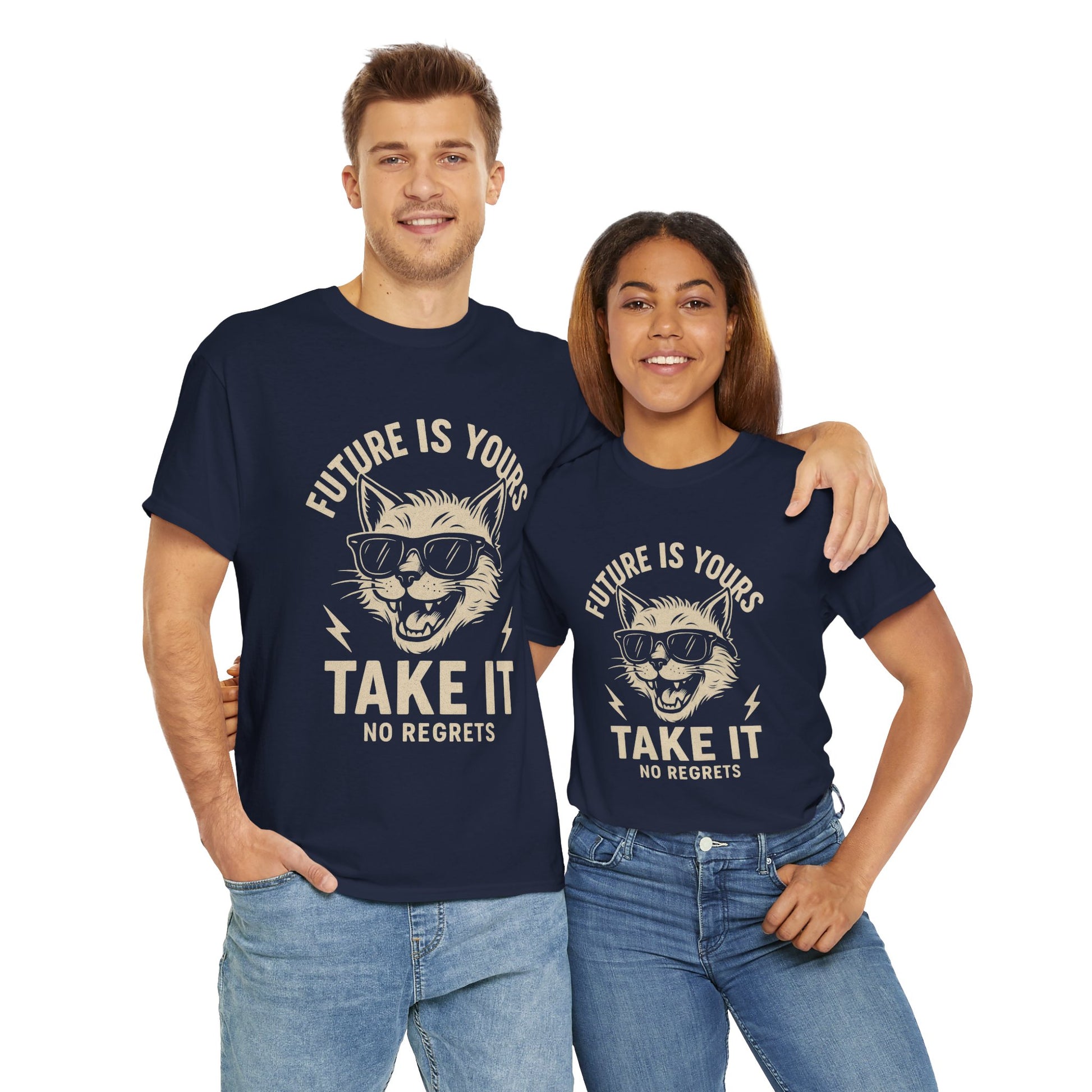 Cat Motivational Unisex Tee | Future is Yours, Take It | Gift for Cat Lovers, Positive Vibes, No Regrets, Casual Wear, Everyday Use