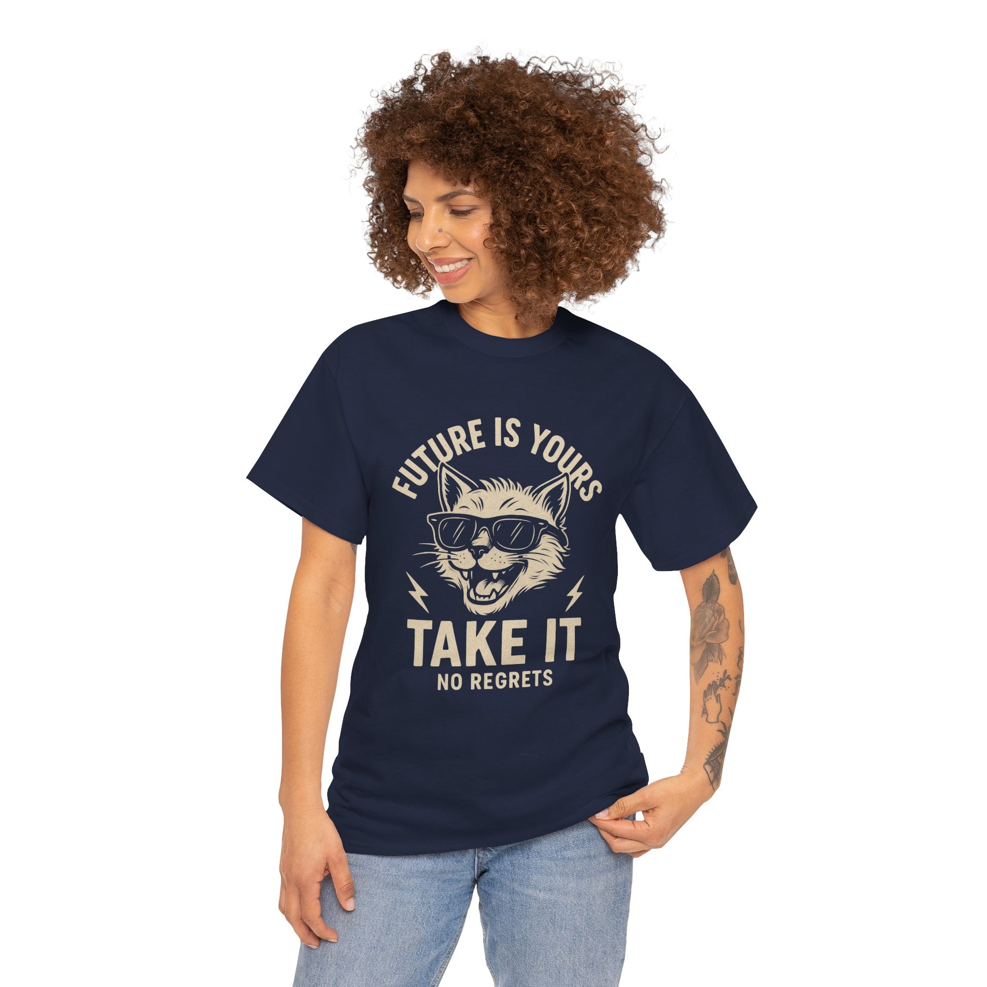 Cat Motivational Unisex Tee | Future is Yours, Take It | Gift for Cat Lovers, Positive Vibes, No Regrets, Casual Wear, Everyday Use
