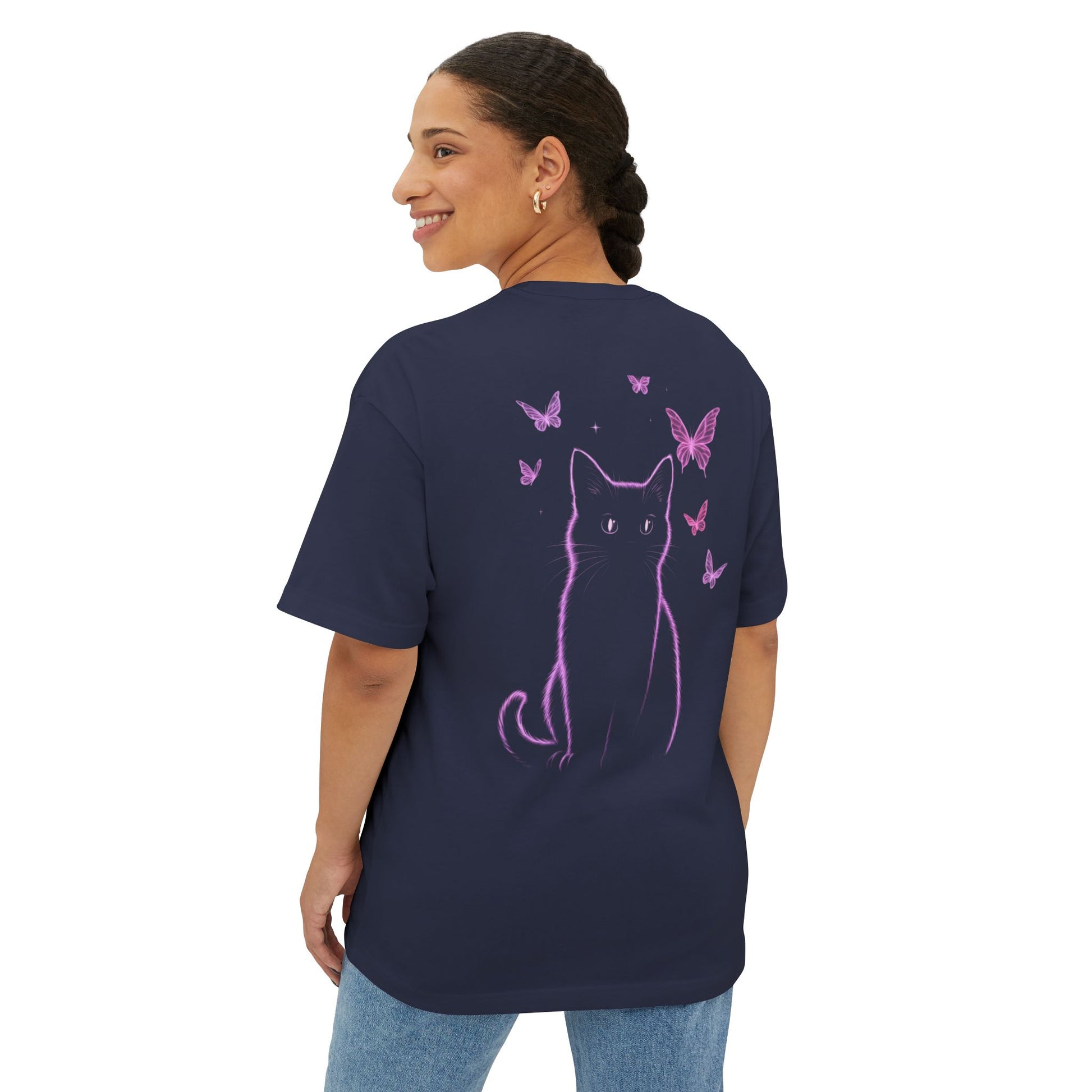 Whimsical Cat and Butterfly Oversized Tee | Unisex Graphic T-Shirt, Cute Cat Tee, Nature Lover Shirt, Gift for Cat Lovers, Summer Fashion