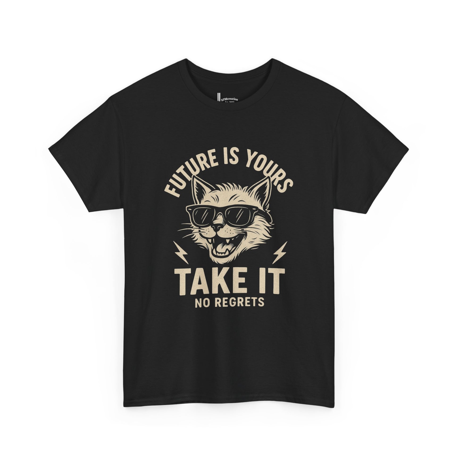 Cat Motivational Unisex Tee | Future is Yours, Take It | Gift for Cat Lovers, Positive Vibes, No Regrets, Casual Wear, Everyday Use