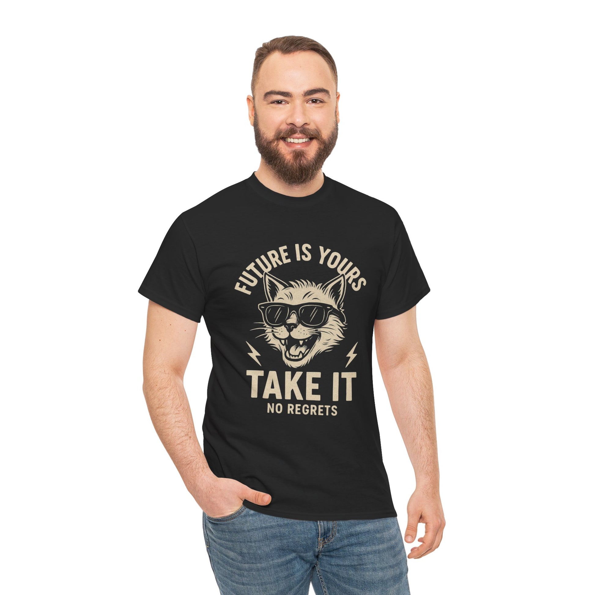 Cat Motivational Unisex Tee | Future is Yours, Take It | Gift for Cat Lovers, Positive Vibes, No Regrets, Casual Wear, Everyday Use