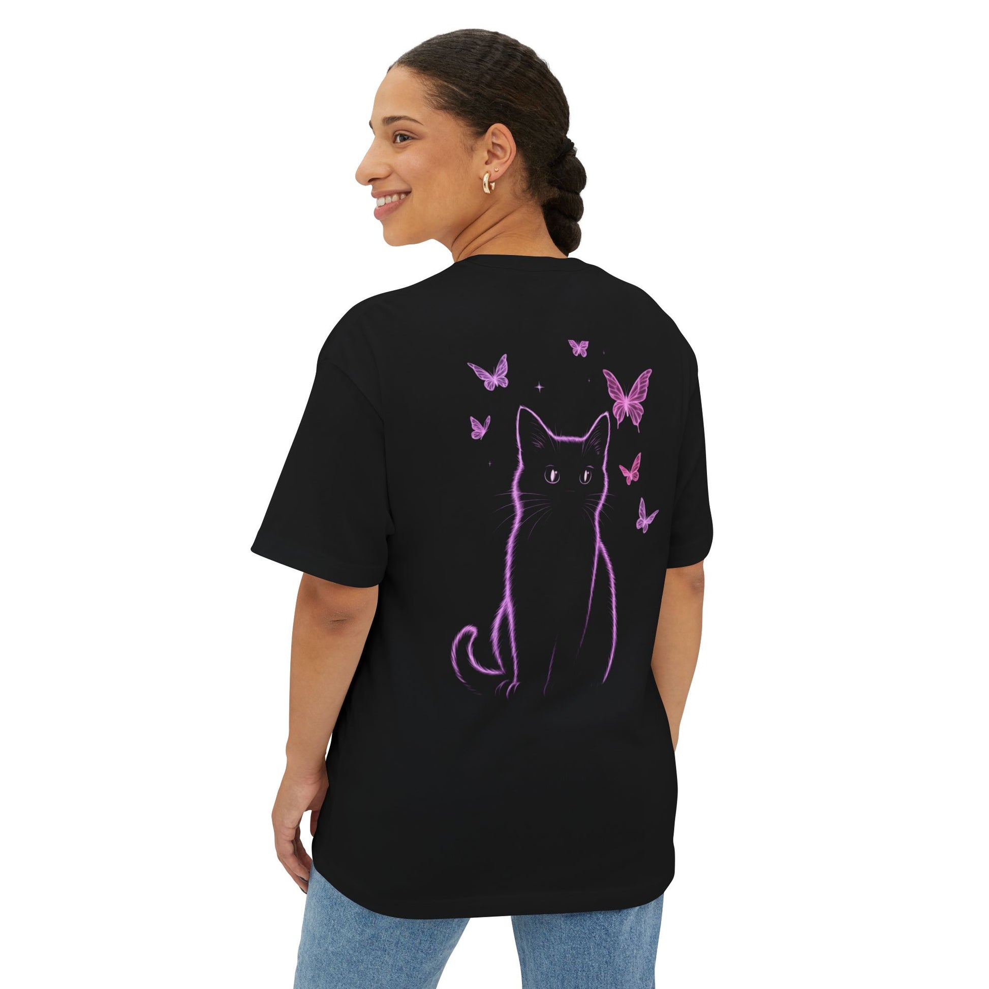 Whimsical Cat and Butterfly Oversized Tee | Unisex Graphic T-Shirt, Cute Cat Tee, Nature Lover Shirt, Gift for Cat Lovers, Summer Fashion