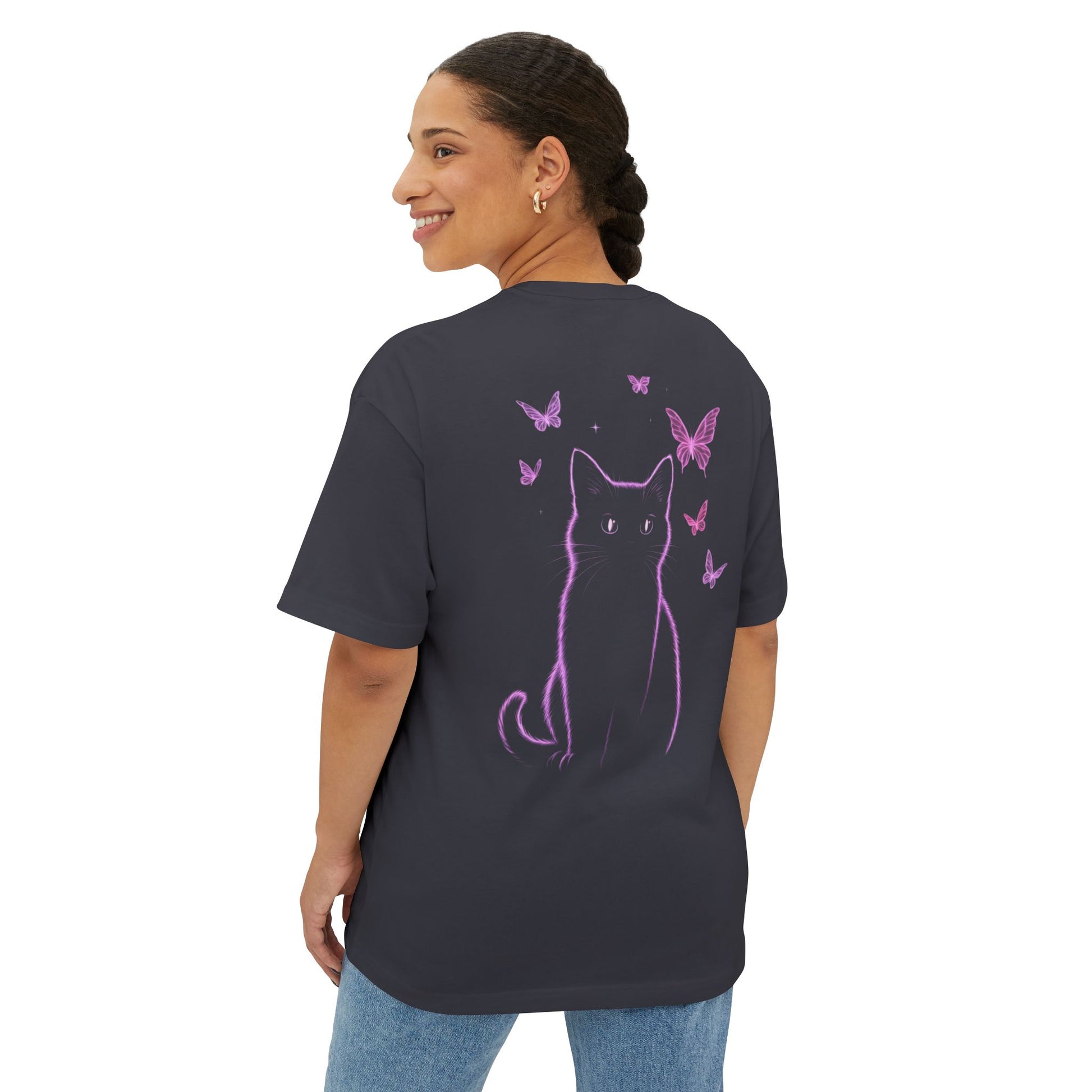 Whimsical Cat and Butterfly Oversized Tee | Unisex Graphic T-Shirt, Cute Cat Tee, Nature Lover Shirt, Gift for Cat Lovers, Summer Fashion