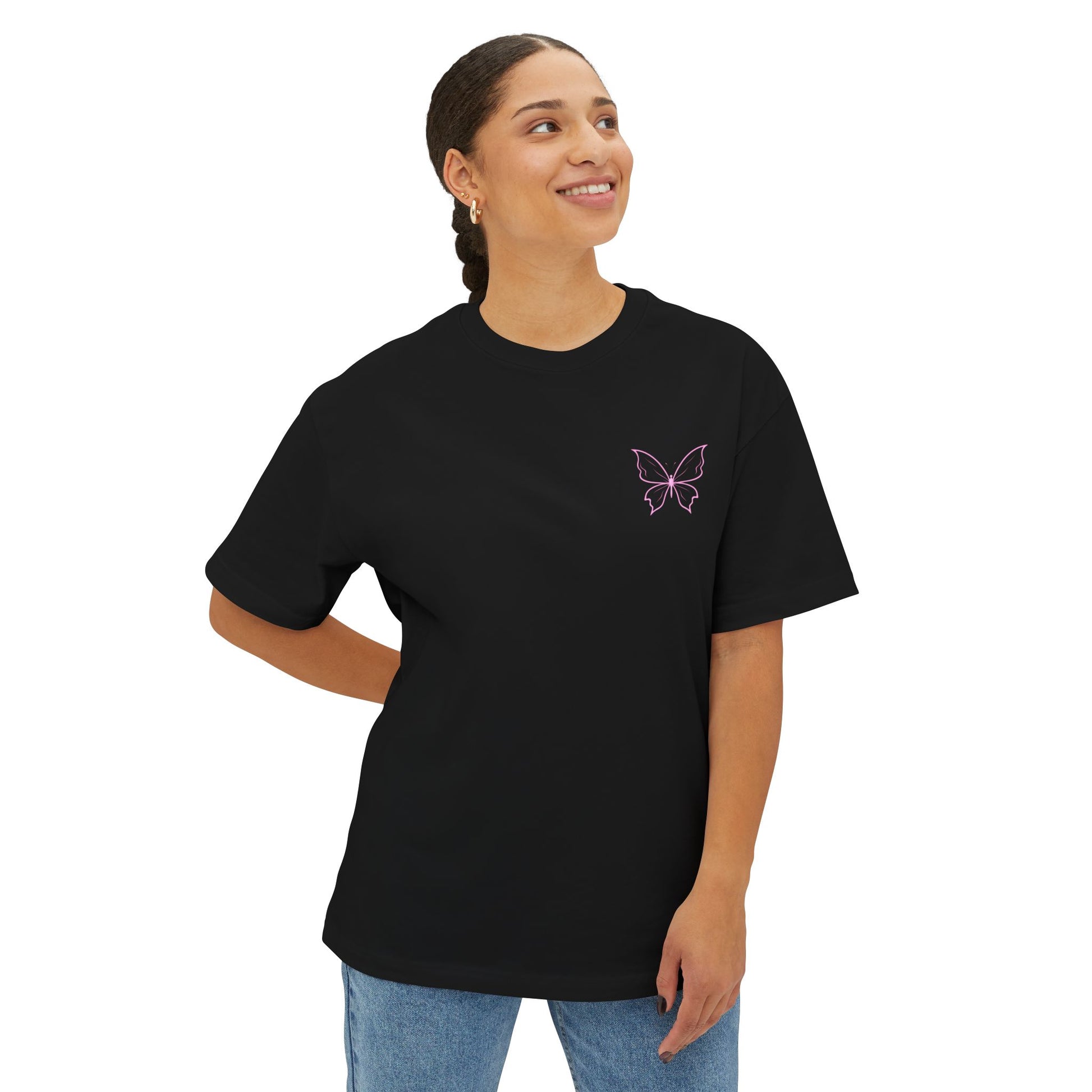 Whimsical Cat and Butterfly Oversized Tee | Unisex Graphic T-Shirt, Cute Cat Tee, Nature Lover Shirt, Gift for Cat Lovers, Summer Fashion
