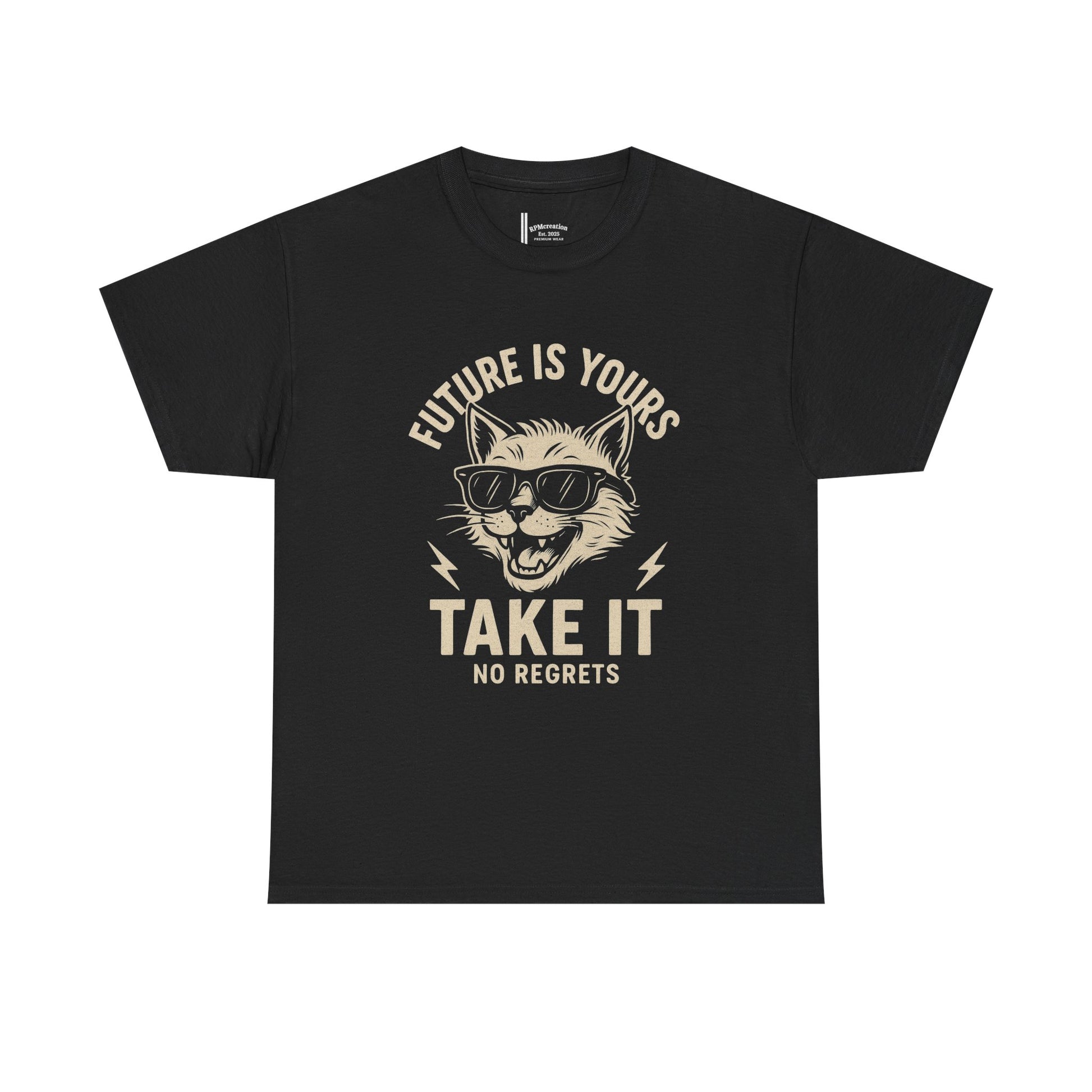 Cat Motivational Unisex Tee | Future is Yours, Take It | Gift for Cat Lovers, Positive Vibes, No Regrets, Casual Wear, Everyday Use