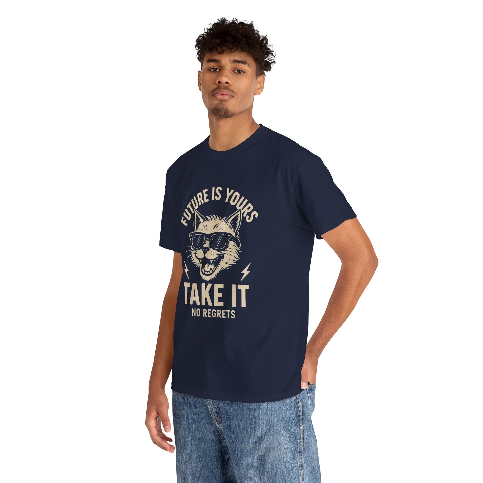 Cat Motivational Unisex Tee | Future is Yours, Take It | Gift for Cat Lovers, Positive Vibes, No Regrets, Casual Wear, Everyday Use