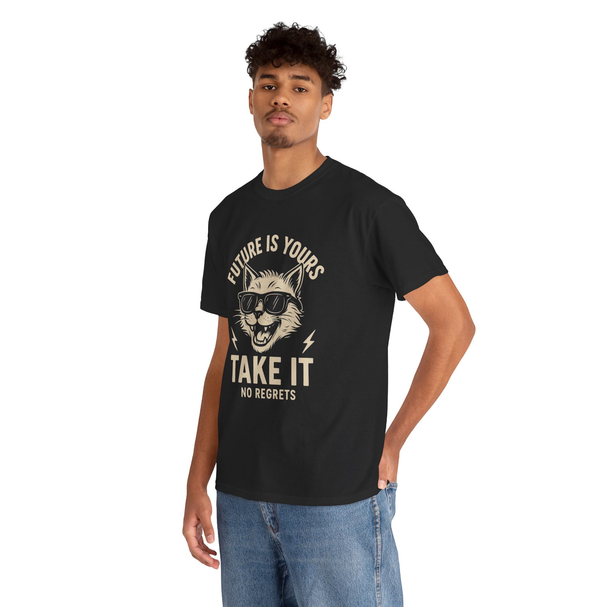 Cat Motivational Unisex Tee | Future is Yours, Take It | Gift for Cat Lovers, Positive Vibes, No Regrets, Casual Wear, Everyday Use