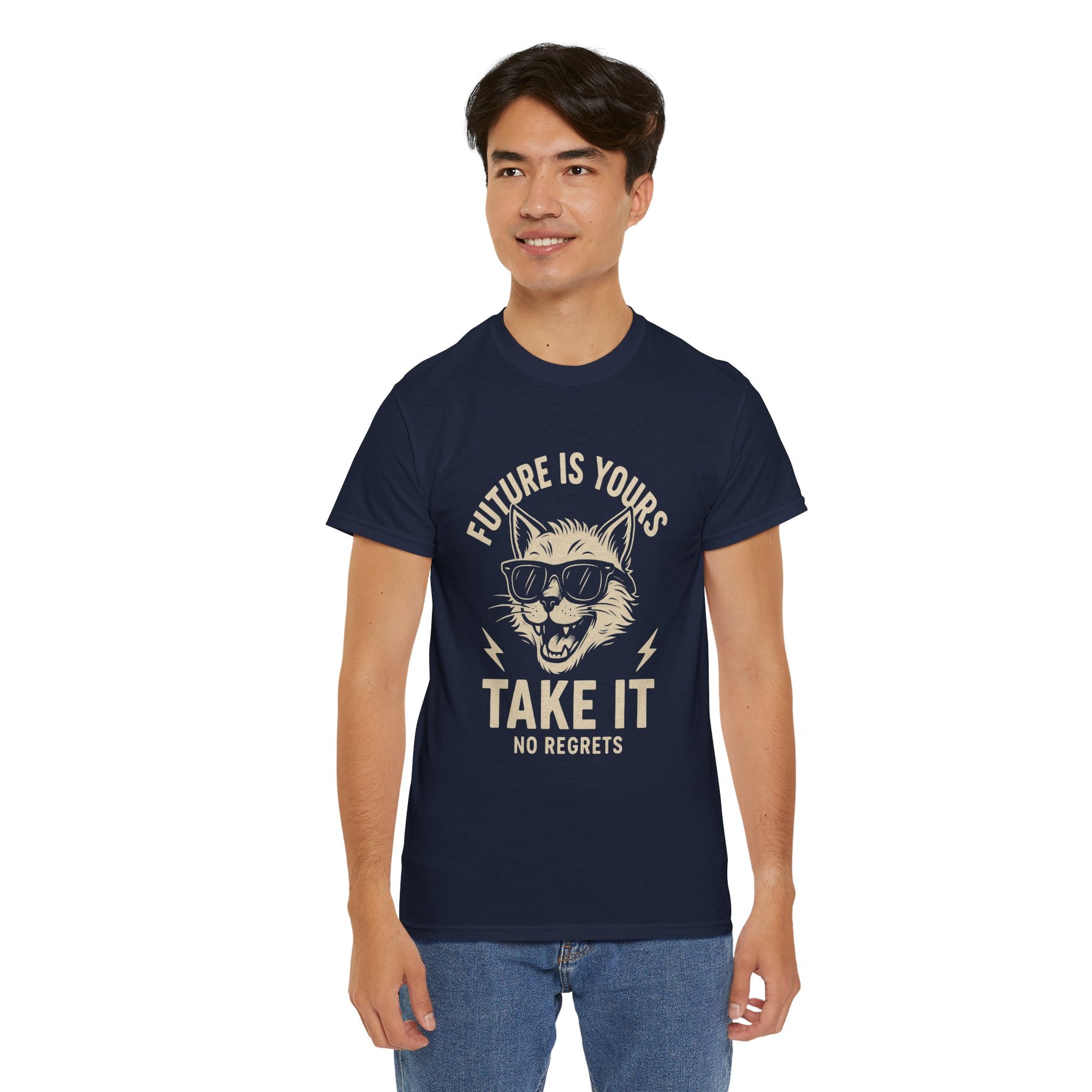 Cat Motivational Unisex Tee | Future is Yours, Take It | Gift for Cat Lovers, Positive Vibes, No Regrets, Casual Wear, Everyday Use