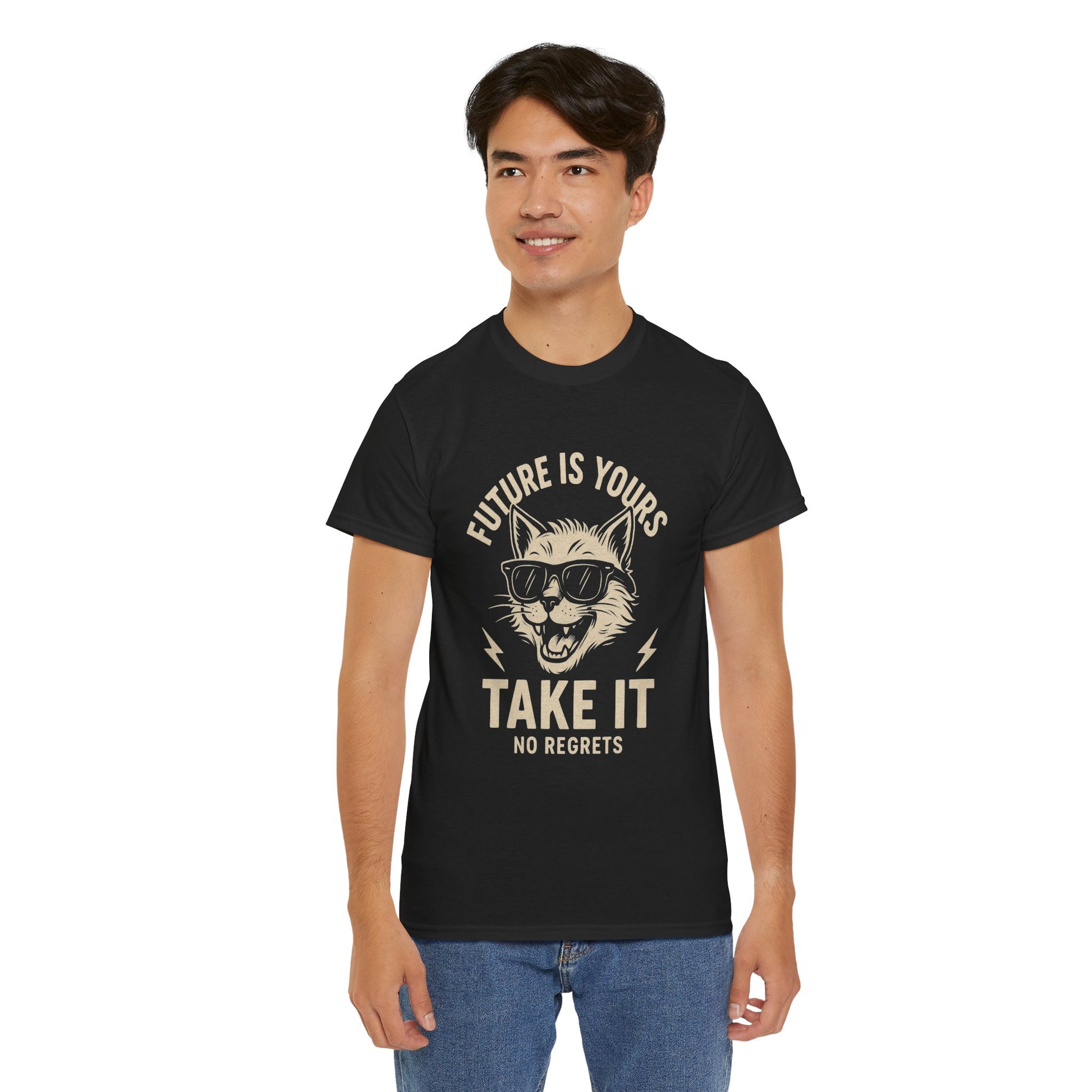 Cat Motivational Unisex Tee | Future is Yours, Take It | Gift for Cat Lovers, Positive Vibes, No Regrets, Casual Wear, Everyday Use