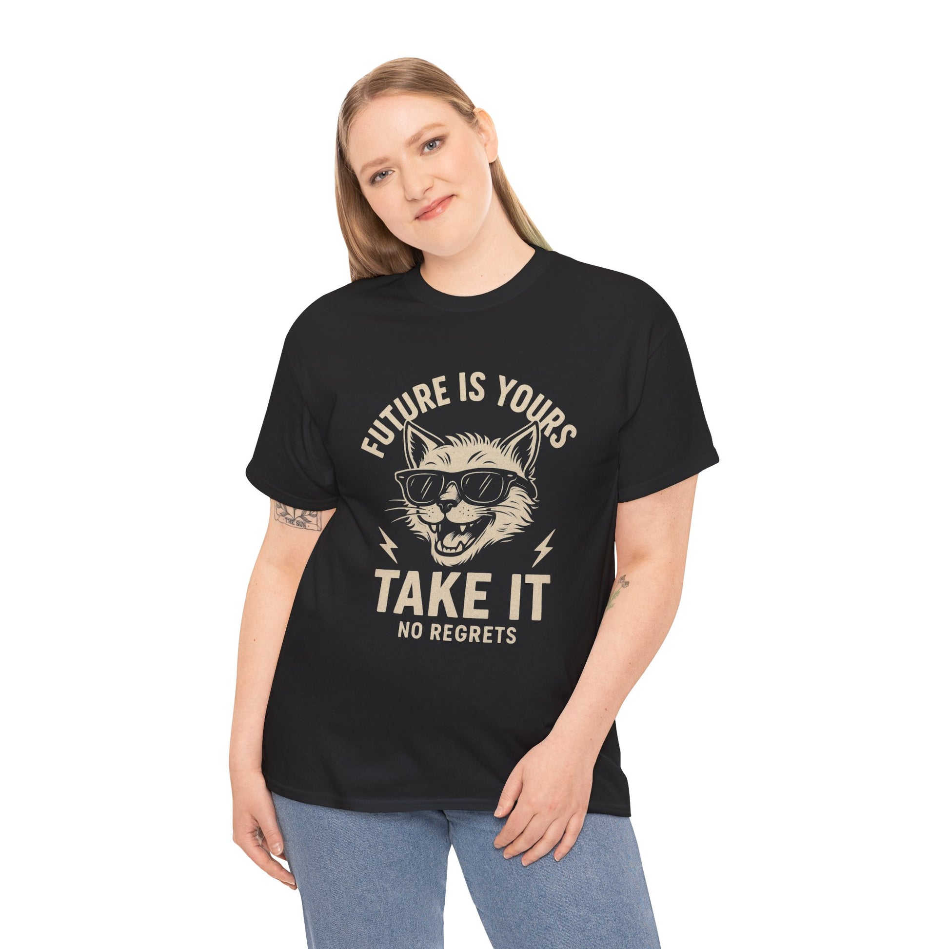 Cat Motivational Unisex Tee | Future is Yours, Take It | Gift for Cat Lovers, Positive Vibes, No Regrets, Casual Wear, Everyday Use