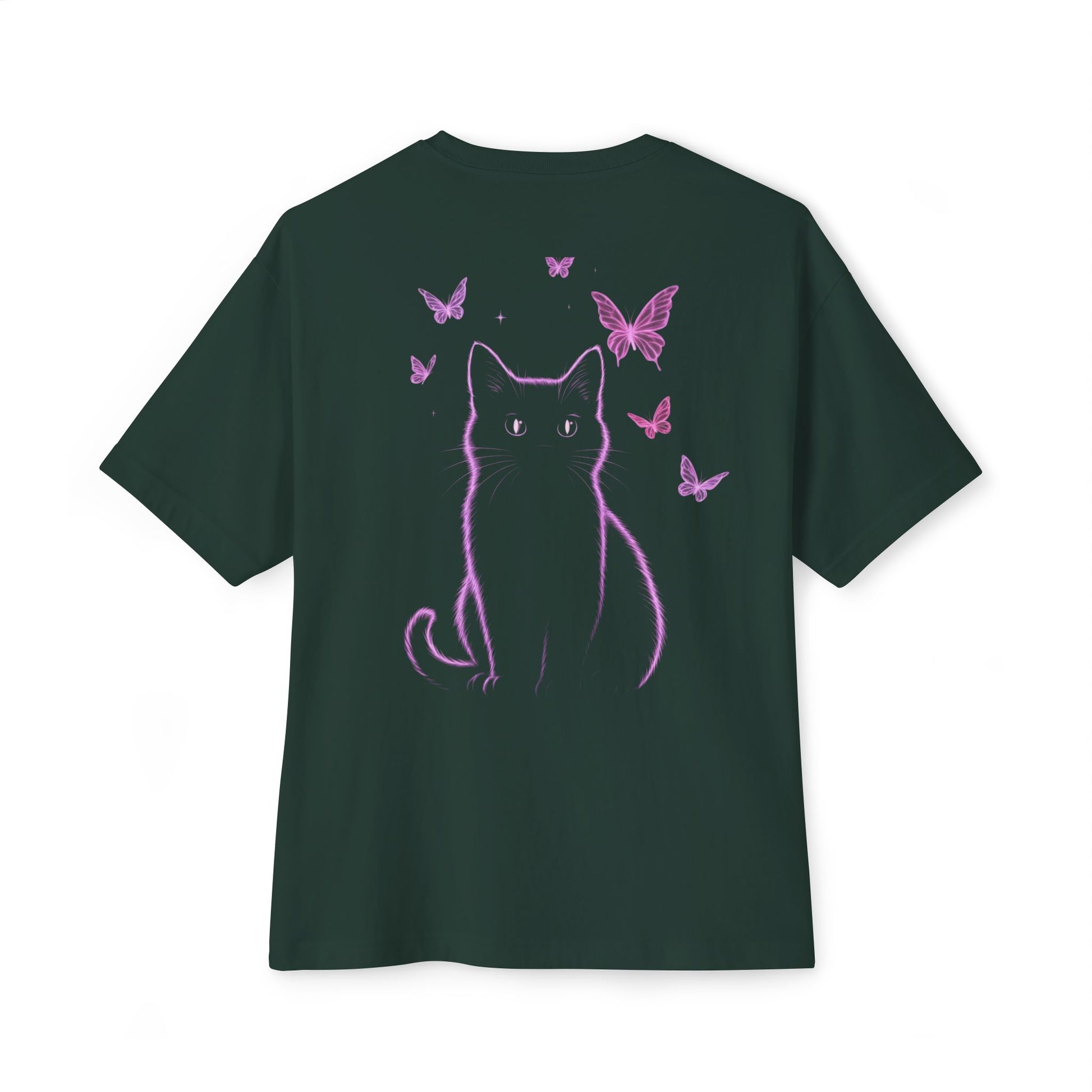 Whimsical Cat and Butterfly Oversized Tee | Unisex Graphic T-Shirt, Cute Cat Tee, Nature Lover Shirt, Gift for Cat Lovers, Summer Fashion