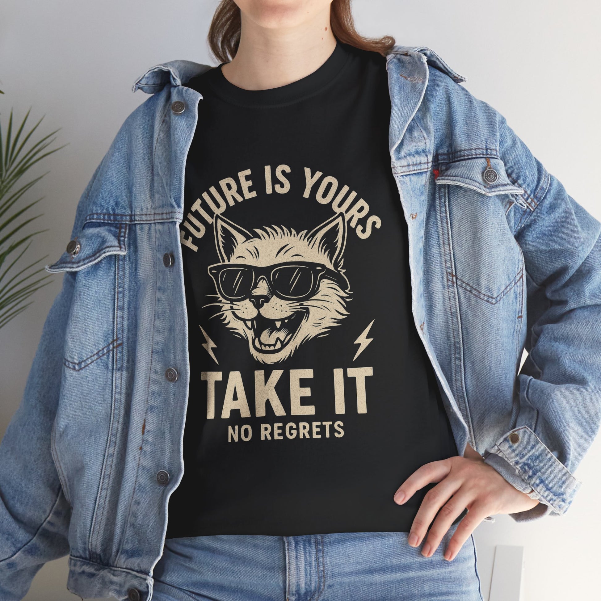 Cat Motivational Unisex Tee | Future is Yours, Take It | Gift for Cat Lovers, Positive Vibes, No Regrets, Casual Wear, Everyday Use
