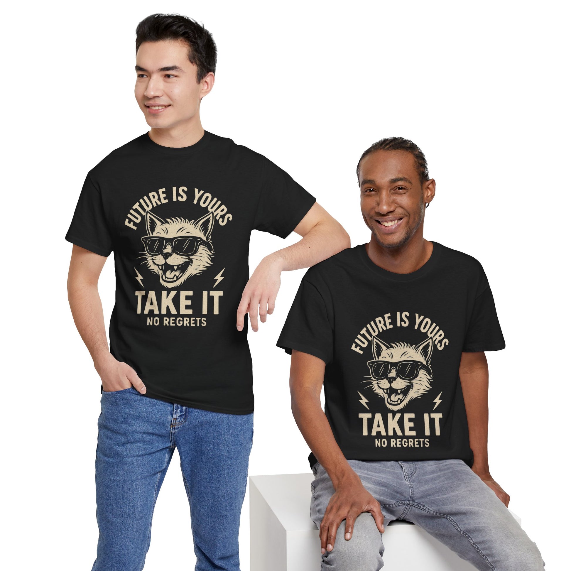 Cat Motivational Unisex Tee | Future is Yours, Take It | Gift for Cat Lovers, Positive Vibes, No Regrets, Casual Wear, Everyday Use
