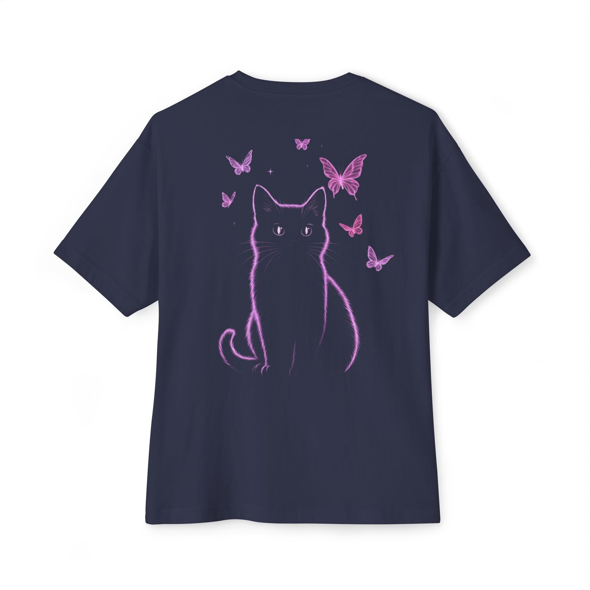Whimsical Cat and Butterfly Oversized Tee | Unisex Graphic T-Shirt, Cute Cat Tee, Nature Lover Shirt, Gift for Cat Lovers, Summer Fashion