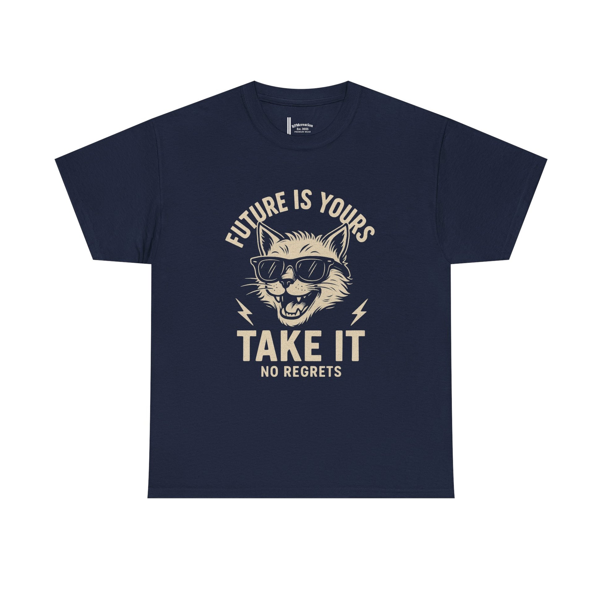 Cat Motivational Unisex Tee | Future is Yours, Take It | Gift for Cat Lovers, Positive Vibes, No Regrets, Casual Wear, Everyday Use