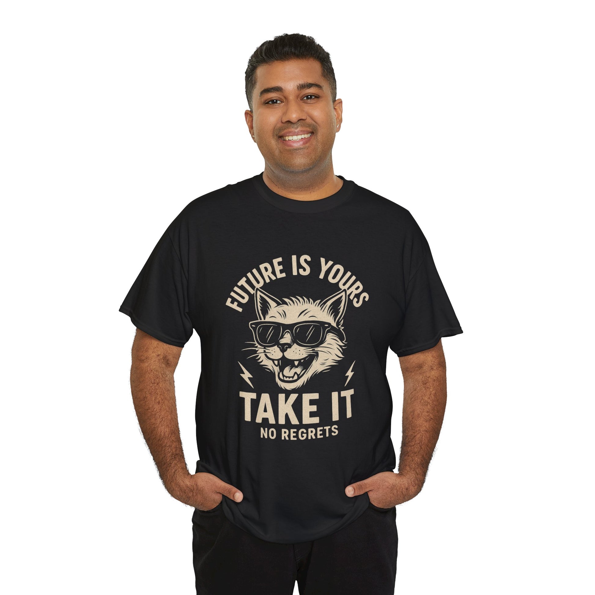 Cat Motivational Unisex Tee | Future is Yours, Take It | Gift for Cat Lovers, Positive Vibes, No Regrets, Casual Wear, Everyday Use