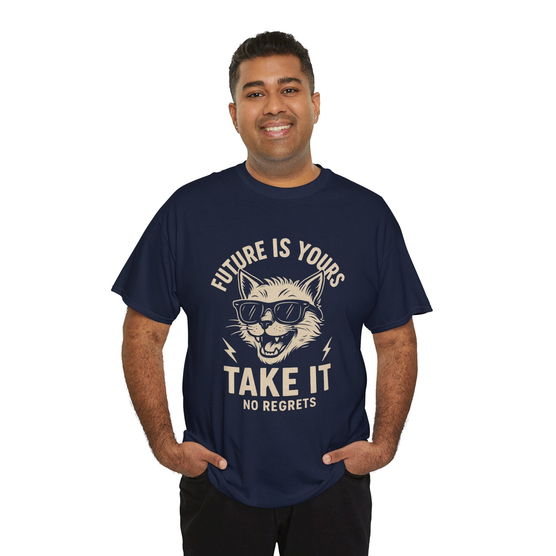 Cat Motivational Unisex Tee | Future is Yours, Take It | Gift for Cat Lovers, Positive Vibes, No Regrets, Casual Wear, Everyday Use