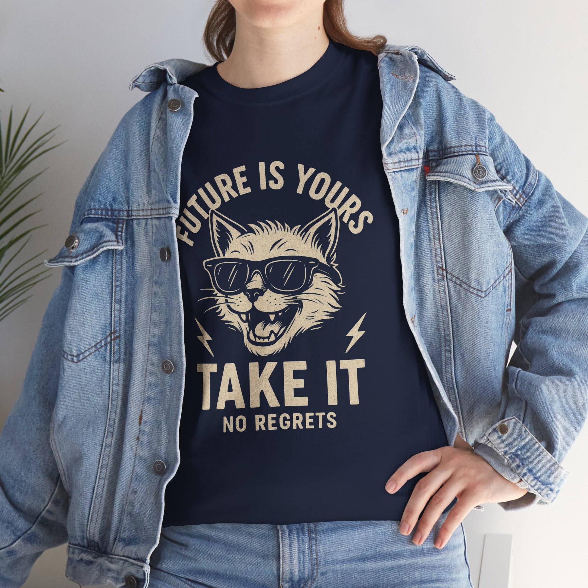 Cat Motivational Unisex Tee | Future is Yours, Take It | Gift for Cat Lovers, Positive Vibes, No Regrets, Casual Wear, Everyday Use