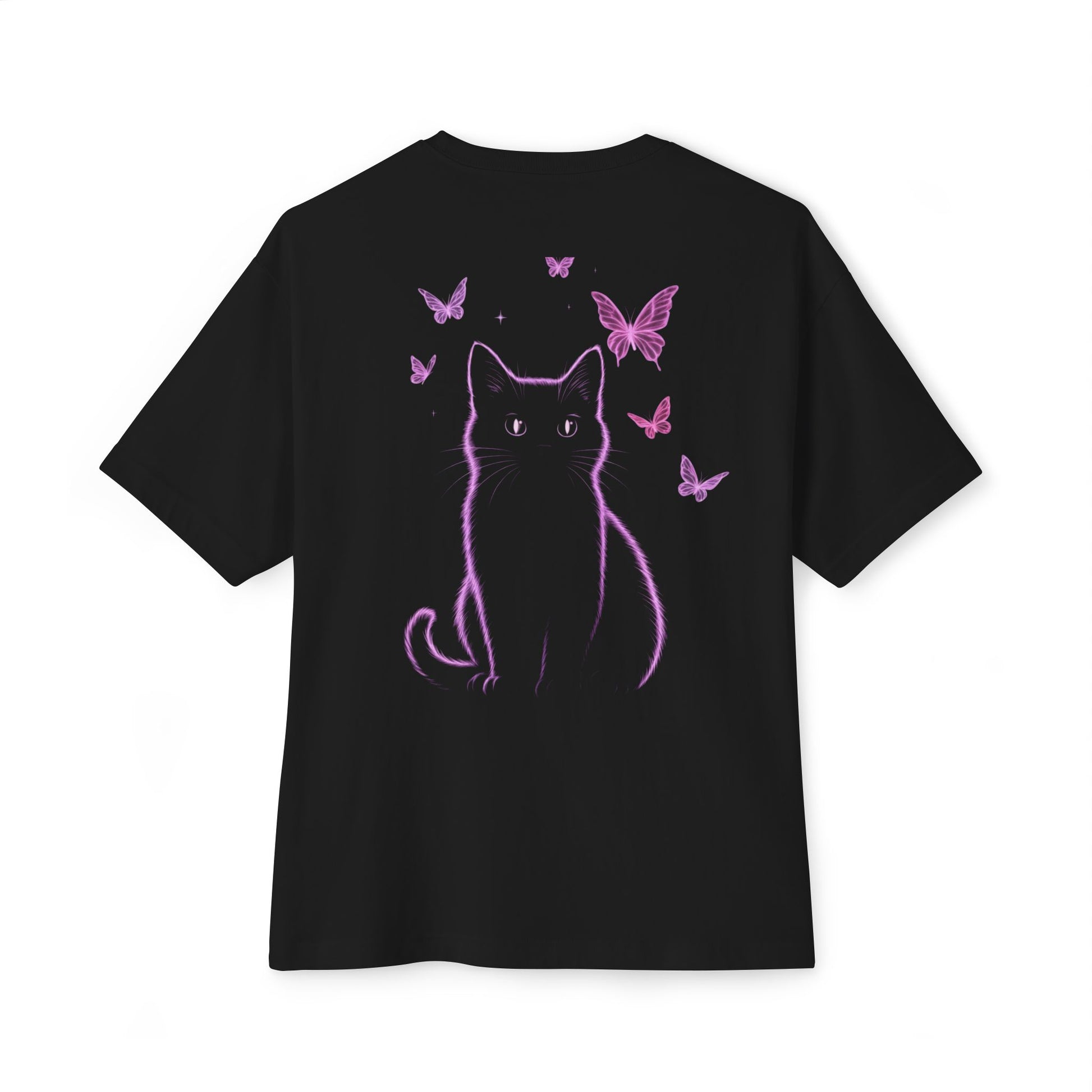 Whimsical Cat and Butterfly Oversized Tee | Unisex Graphic T-Shirt, Cute Cat Tee, Nature Lover Shirt, Gift for Cat Lovers, Summer Fashion