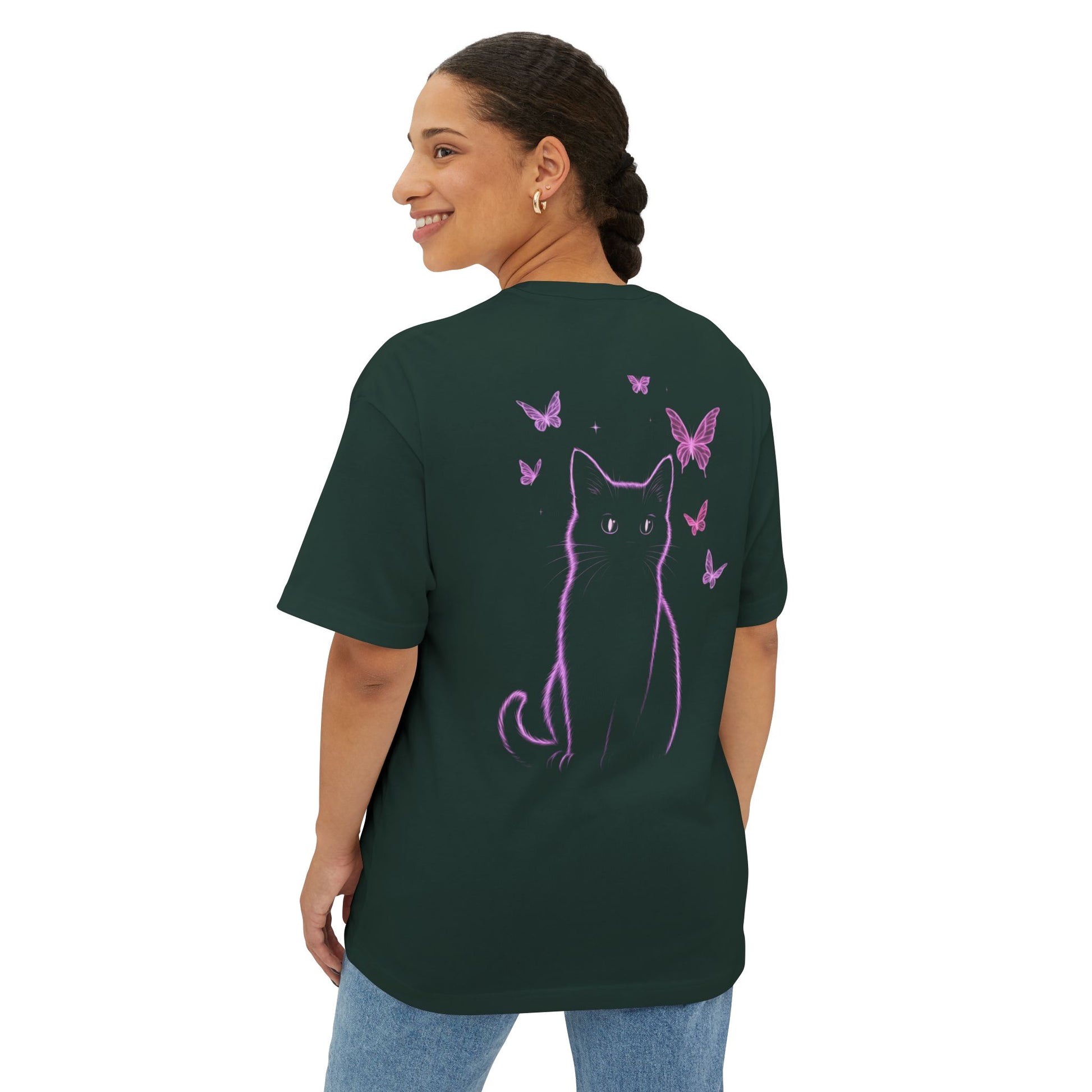 Whimsical Cat and Butterfly Oversized Tee | Unisex Graphic T-Shirt, Cute Cat Tee, Nature Lover Shirt, Gift for Cat Lovers, Summer Fashion