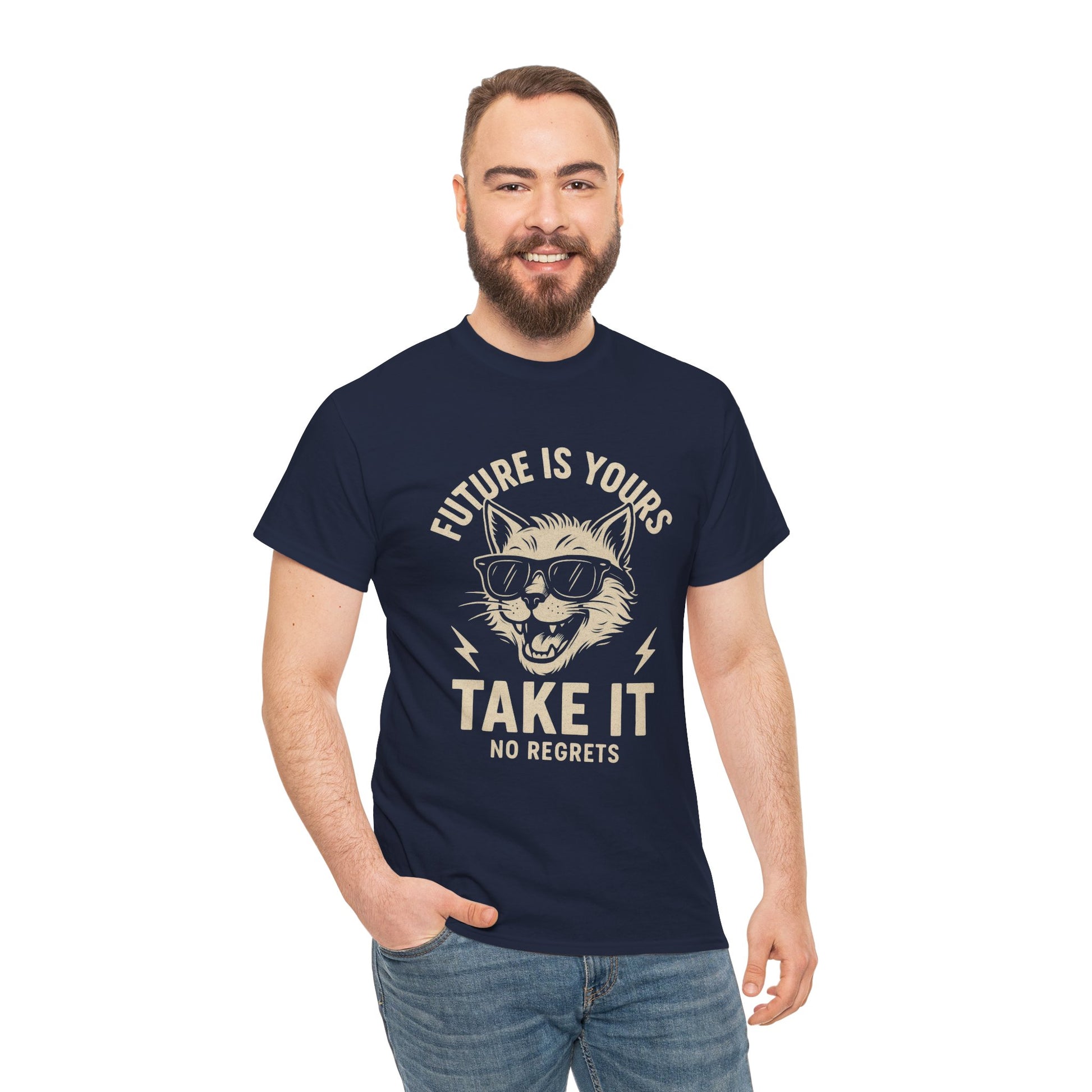 Cat Motivational Unisex Tee | Future is Yours, Take It | Gift for Cat Lovers, Positive Vibes, No Regrets, Casual Wear, Everyday Use