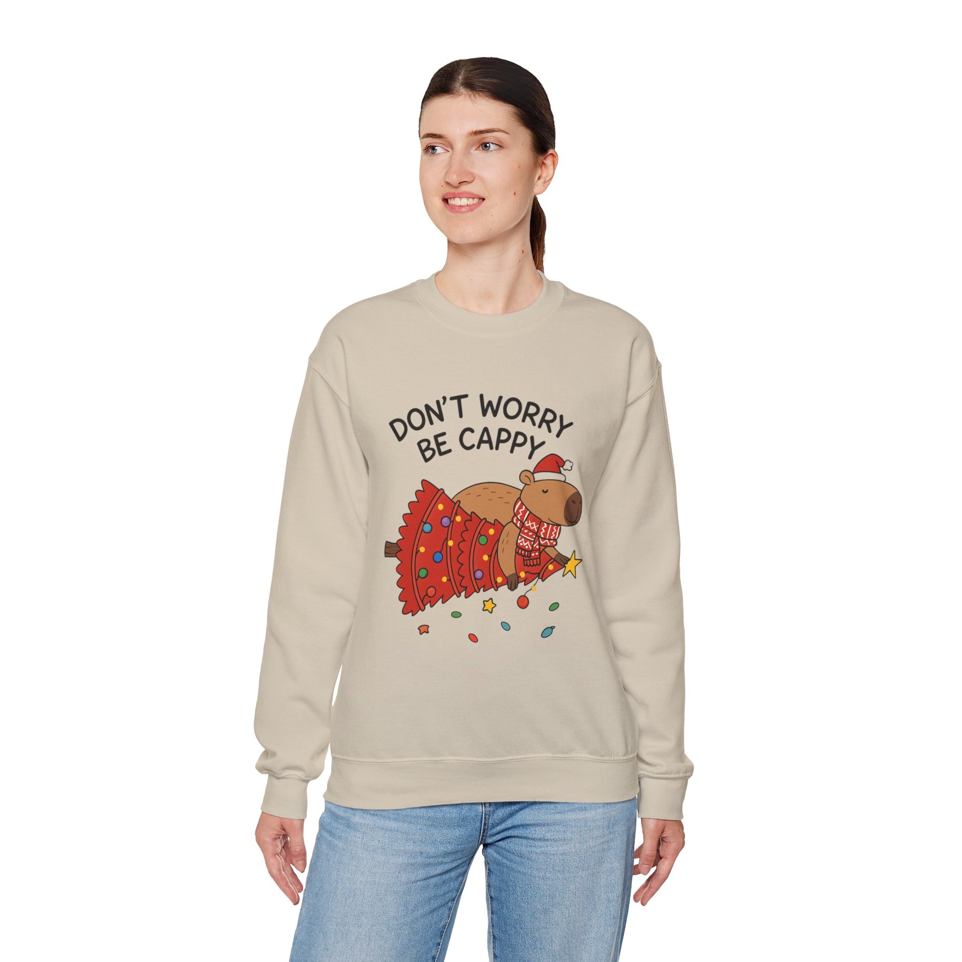Sweatshirt — "Don't Worry Be Cappy" Holiday Capybara Crewneck