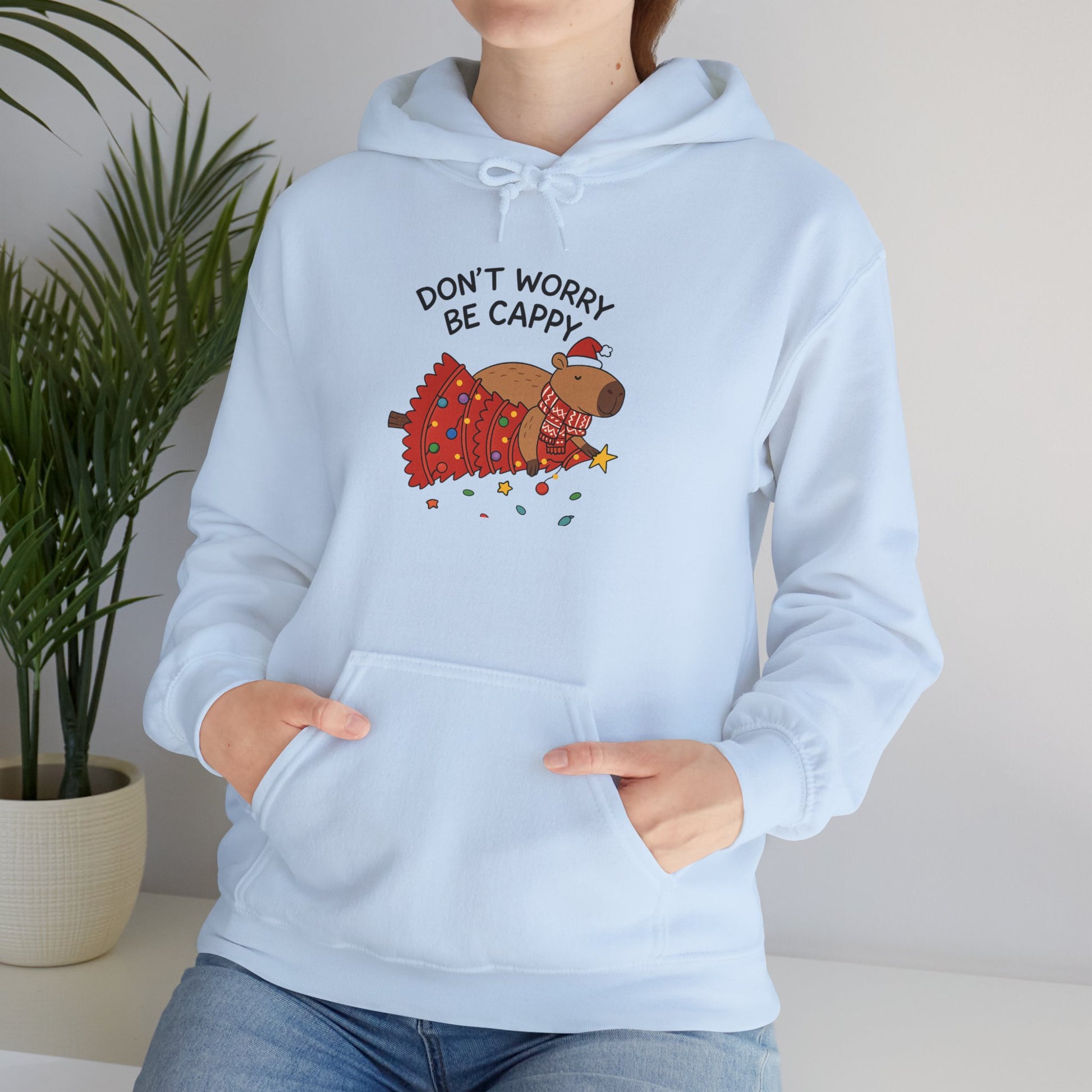 Hoodie — "Don’t Worry, Be Cappy" Cute Capybara Christmas Holiday Hoodie