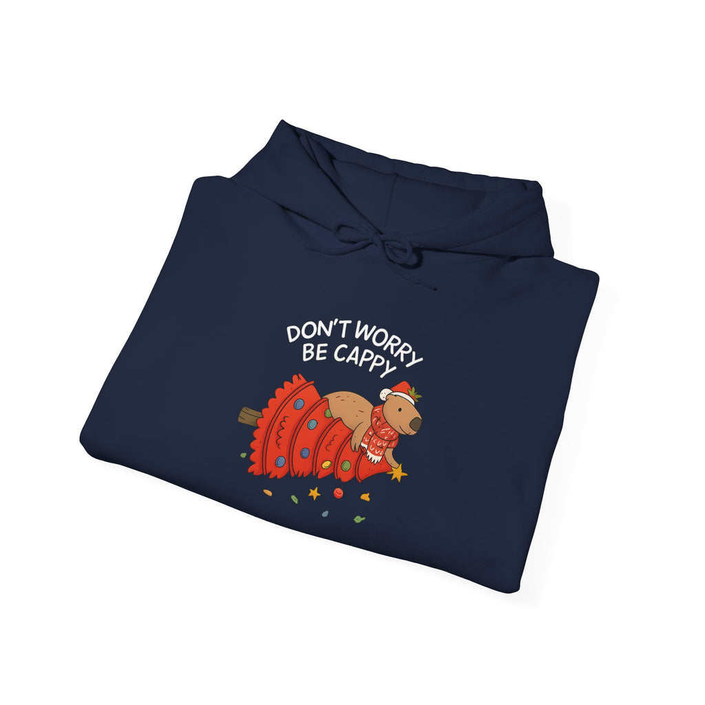Hoodie — "Don’t Worry, Be Cappy" Cute Capybara Christmas Holiday Hoodie  Printify Choice • Gildan 18500 3 colors • 6 sizes • Total 15 variants All in stock Published