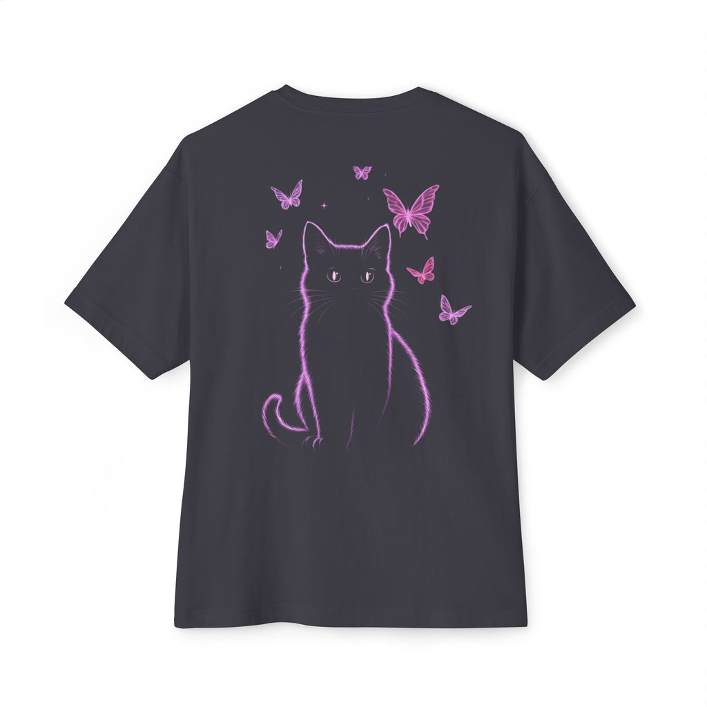 Whimsical Cat and Butterfly Oversized Tee | Unisex Graphic T-Shirt, Cute Cat Tee, Nature Lover Shirt, Gift for Cat Lovers, Summer Fashion