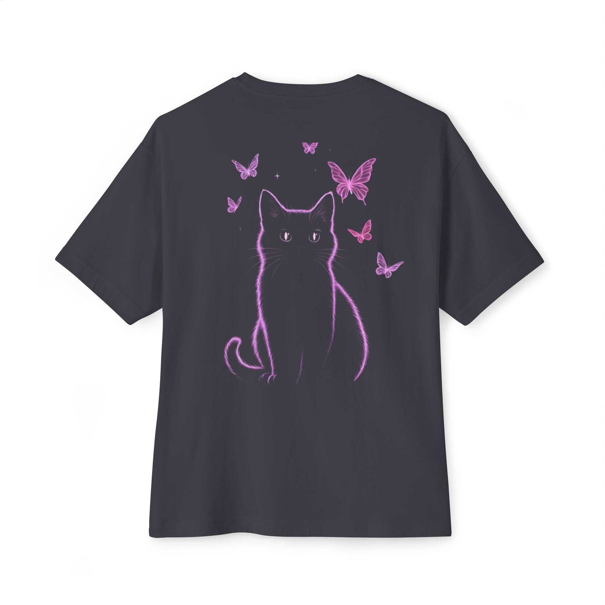 Whimsical Cat and Butterfly Oversized Tee | Unisex Graphic T-Shirt, Cute Cat Tee, Nature Lover Shirt, Gift for Cat Lovers, Summer Fashion
