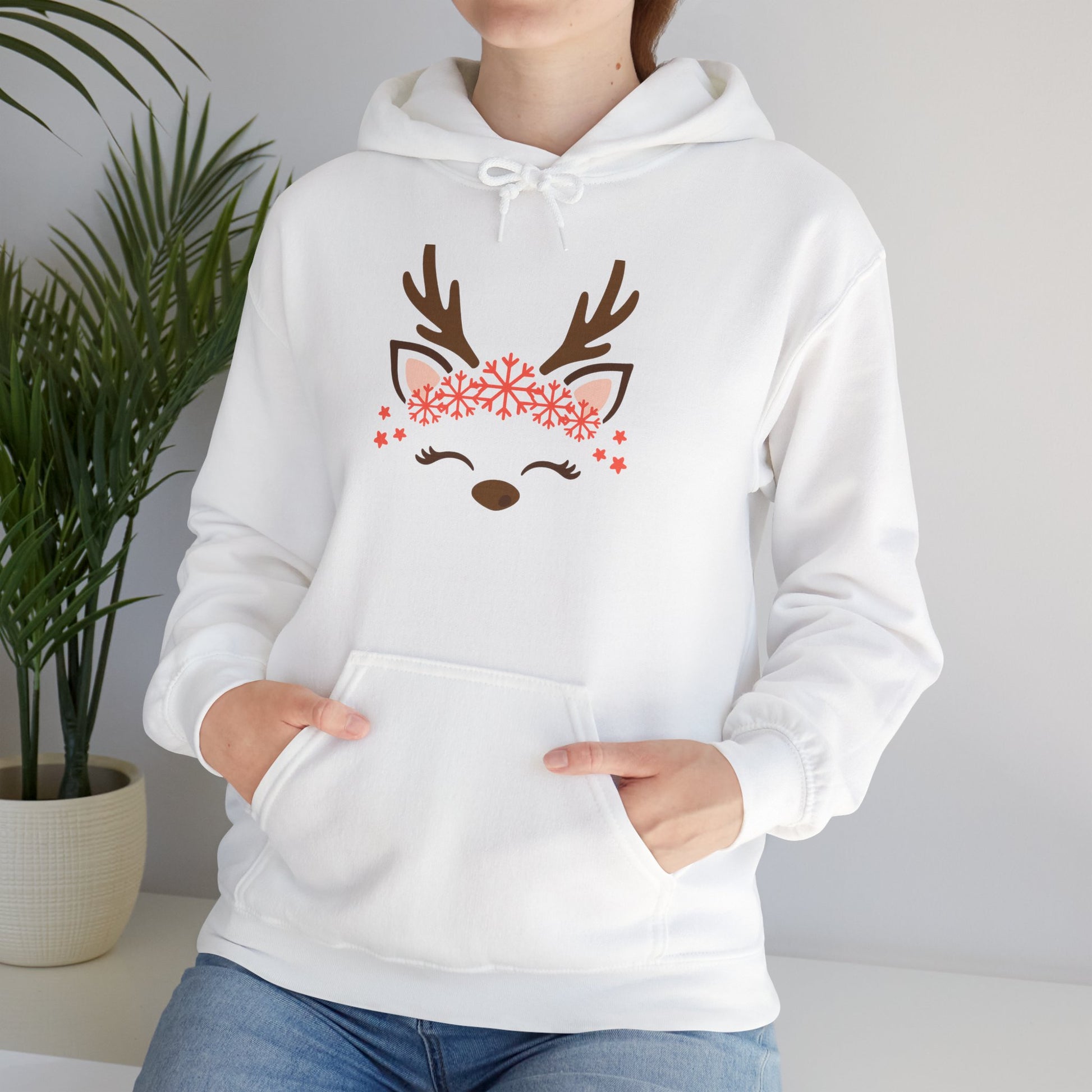 Reindeer Face Floral Hoodie – Cute Christmas Reindeer Sweatshirt