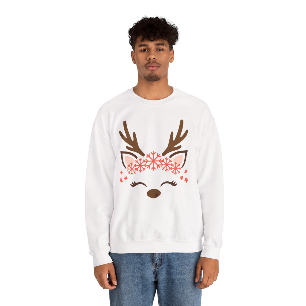 Reindeer Face Crewneck Sweatshirt — Cute Snowflake Antler Holiday Sweatshirt