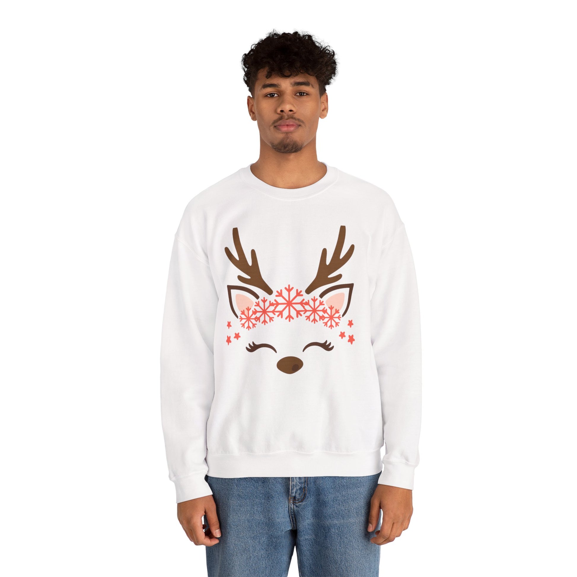 Reindeer Face Crewneck Sweatshirt — Cute Snowflake Antler Holiday Sweatshirt