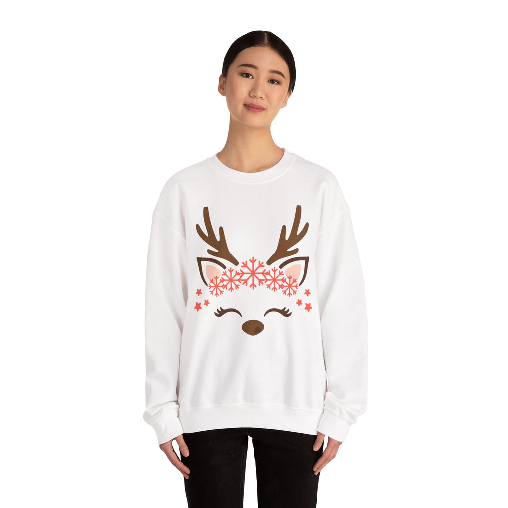 Reindeer Face Crewneck Sweatshirt — Cute Snowflake Antler Holiday Sweatshirt