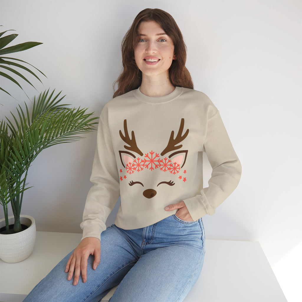 Reindeer Face Crewneck Sweatshirt — Cute Snowflake Antler Holiday Sweatshirt