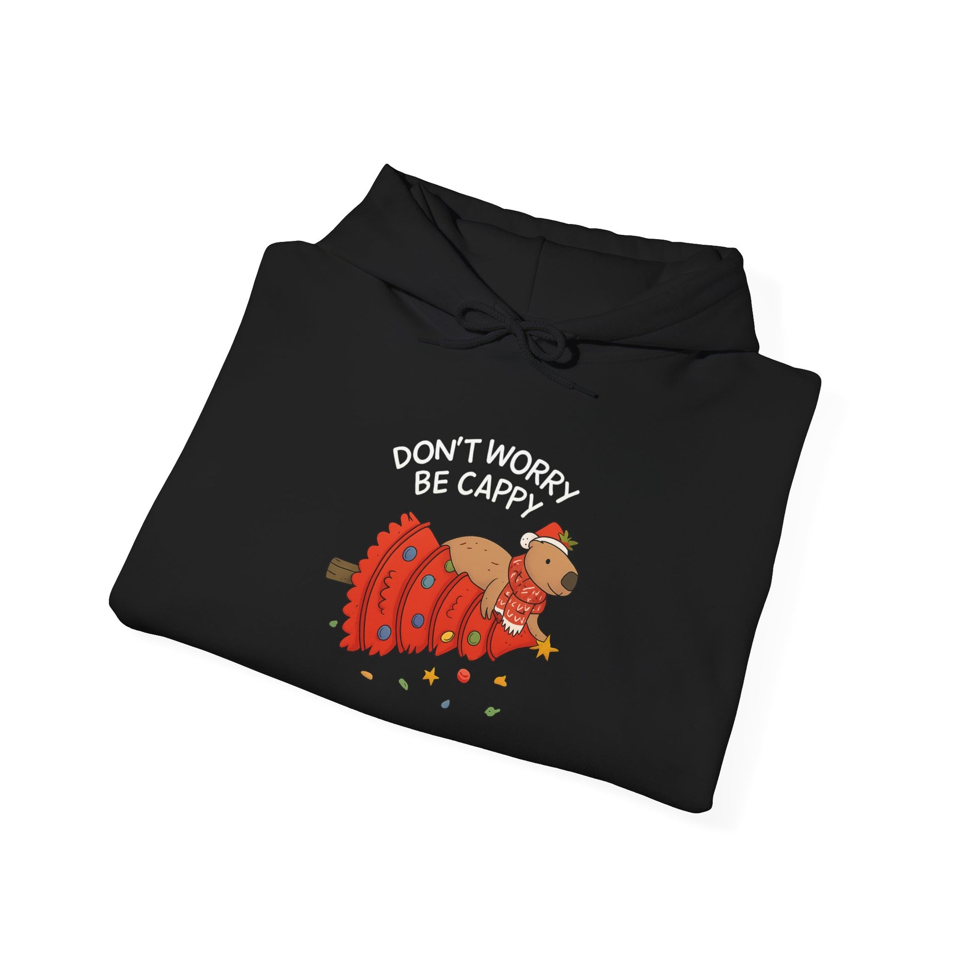 Hoodie — "Don’t Worry, Be Cappy" Cute Capybara Christmas Holiday Hoodie  Printify Choice • Gildan 18500 3 colors • 6 sizes • Total 15 variants All in stock Published