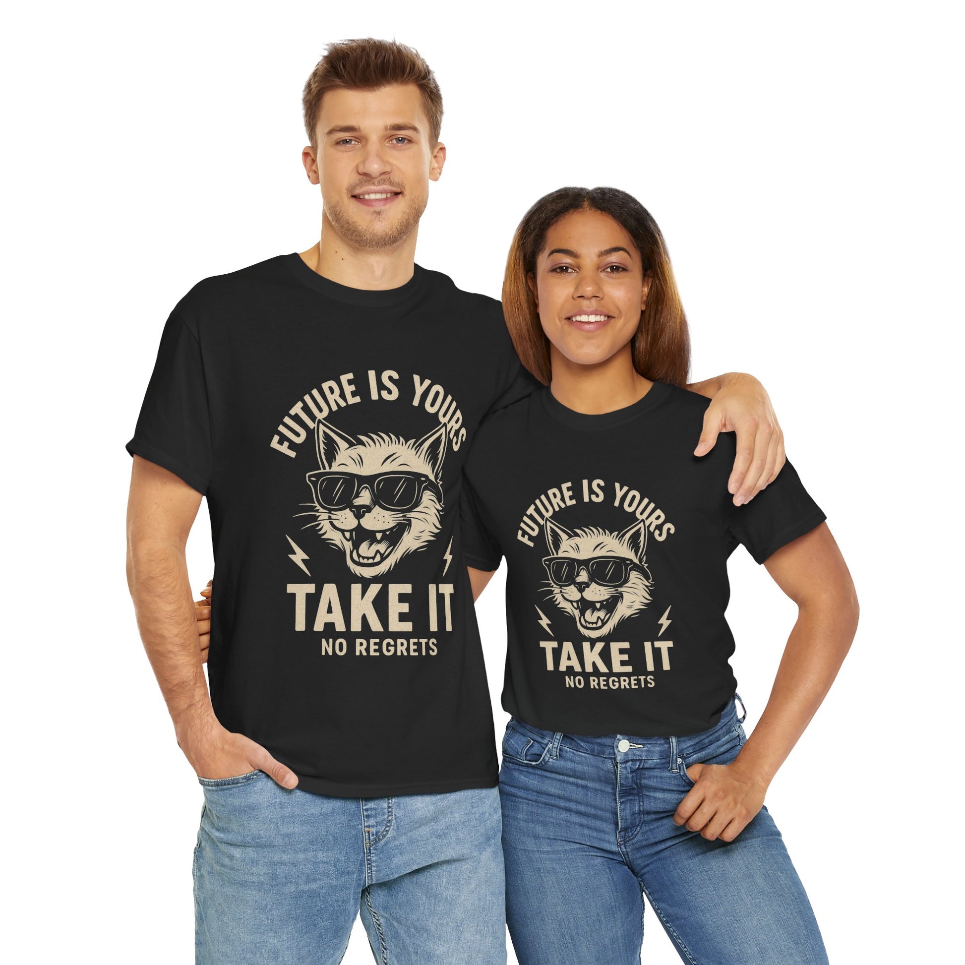 Cat Motivational Unisex Tee | Future is Yours, Take It | Gift for Cat Lovers, Positive Vibes, No Regrets, Casual Wear, Everyday Use