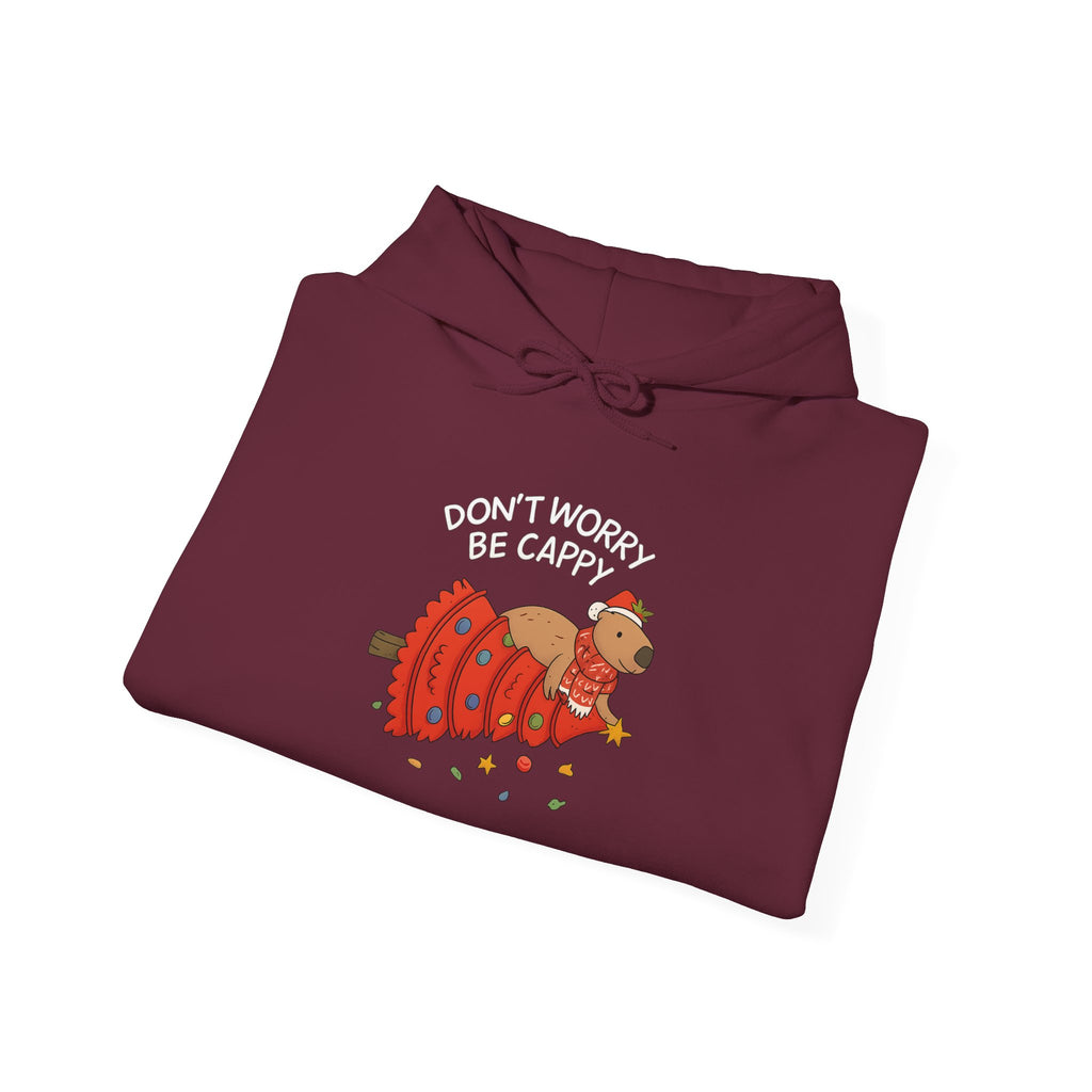Hoodie — "Don’t Worry, Be Cappy" Cute Capybara Christmas Holiday Hoodie  Printify Choice • Gildan 18500 3 colors • 6 sizes • Total 15 variants All in stock Published