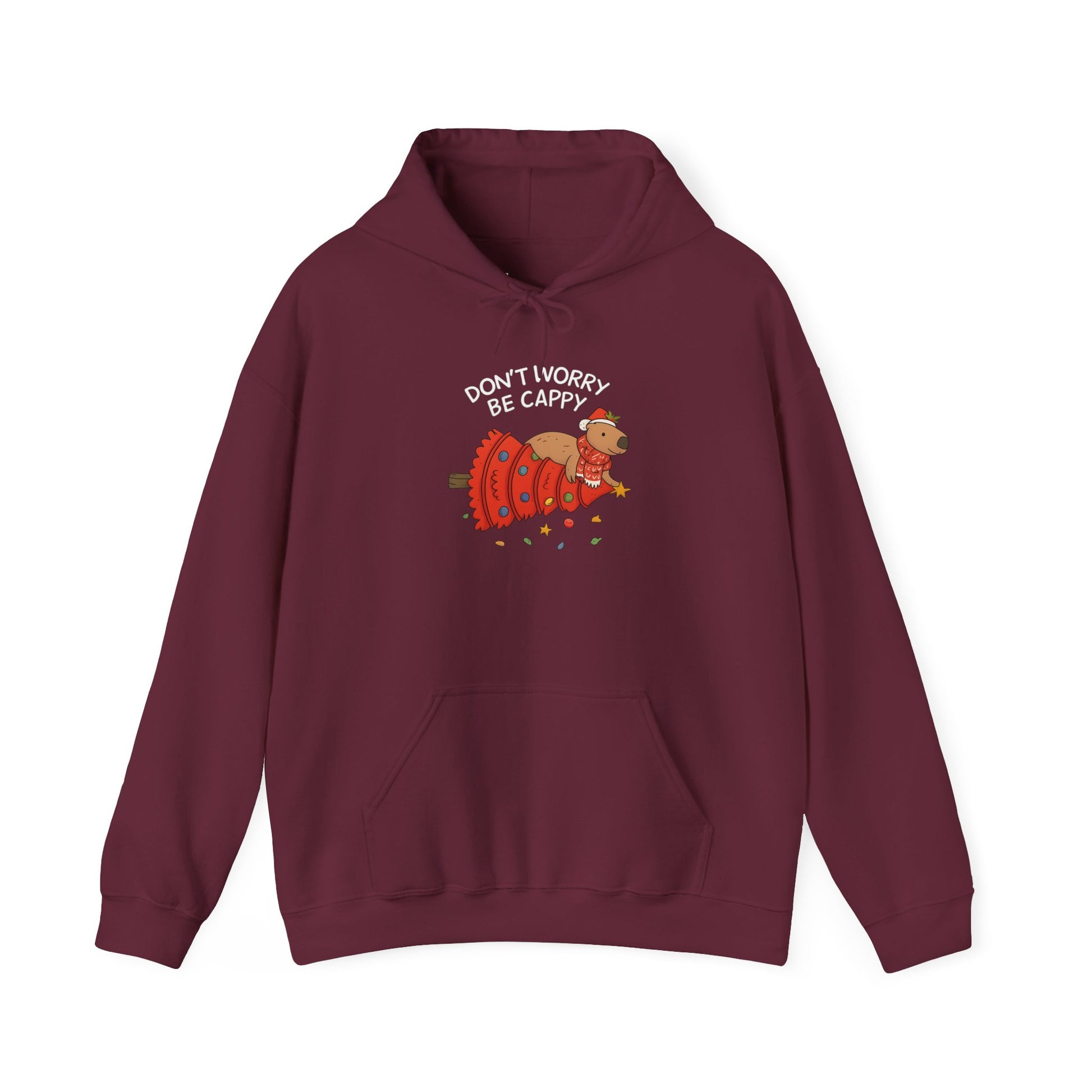 Hoodie — "Don’t Worry, Be Cappy" Cute Capybara Christmas Holiday Hoodie  Printify Choice • Gildan 18500 3 colors • 6 sizes • Total 15 variants All in stock Published