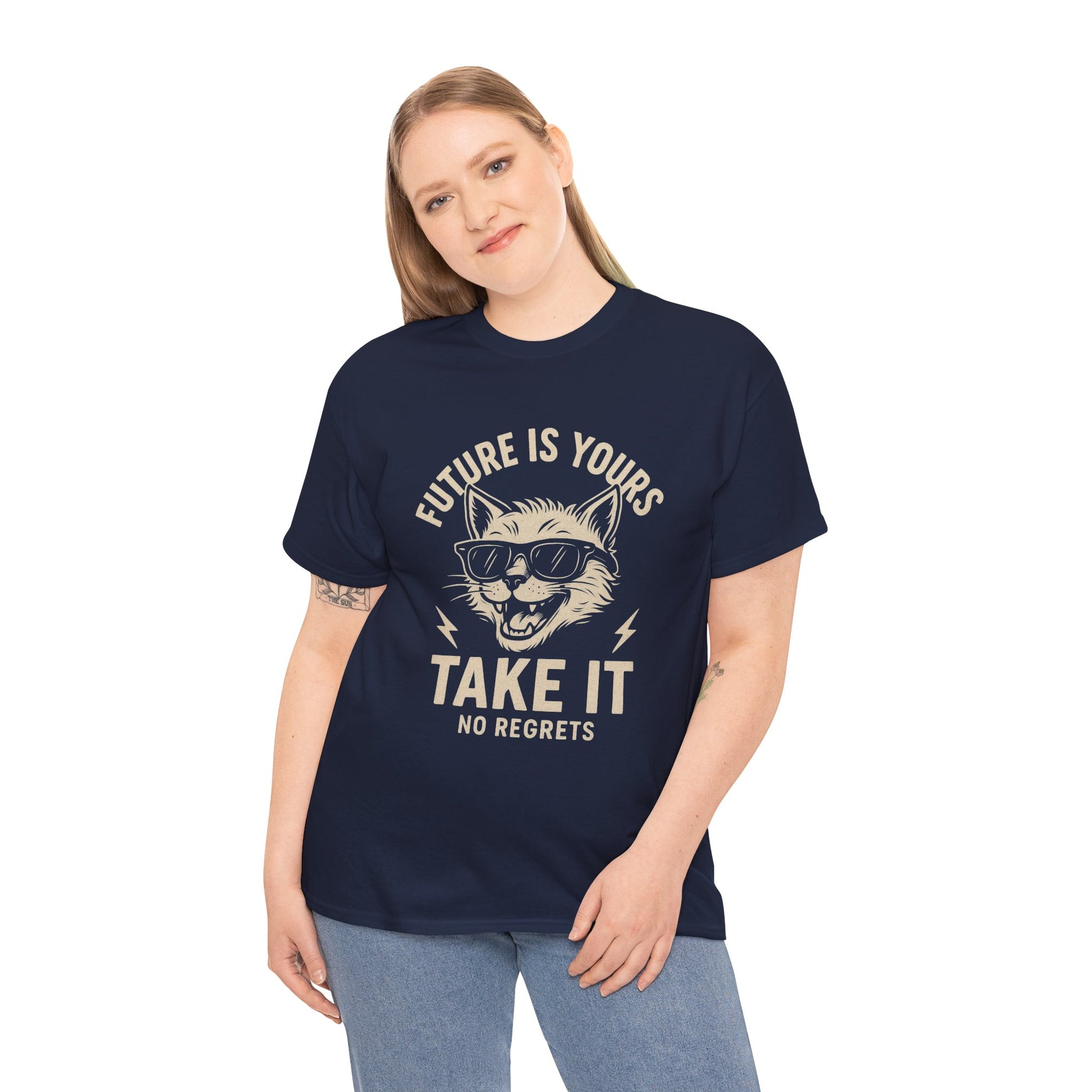 Cat Motivational Unisex Tee | Future is Yours, Take It | Gift for Cat Lovers, Positive Vibes, No Regrets, Casual Wear, Everyday Use