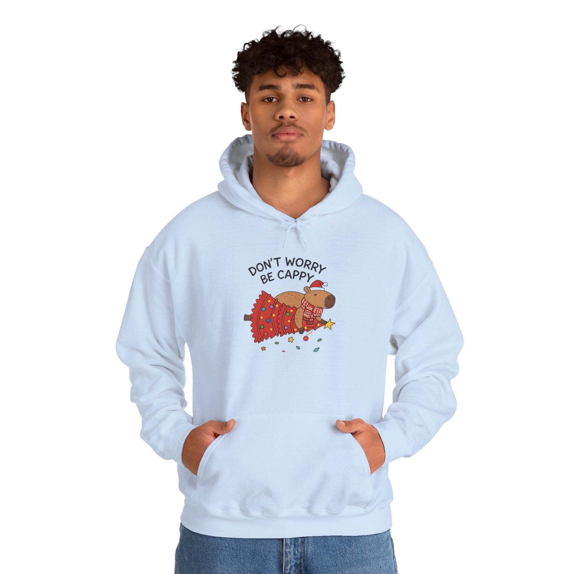 Hoodie — "Don’t Worry, Be Cappy" Cute Capybara Christmas Holiday Hoodie