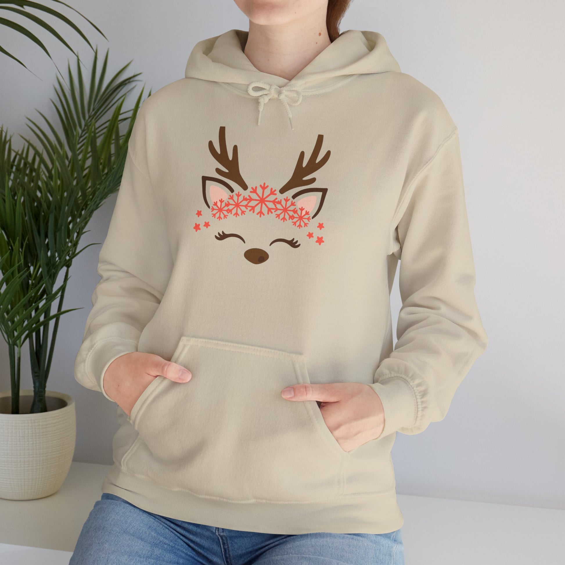 Reindeer Face Floral Hoodie – Cute Christmas Reindeer Sweatshirt