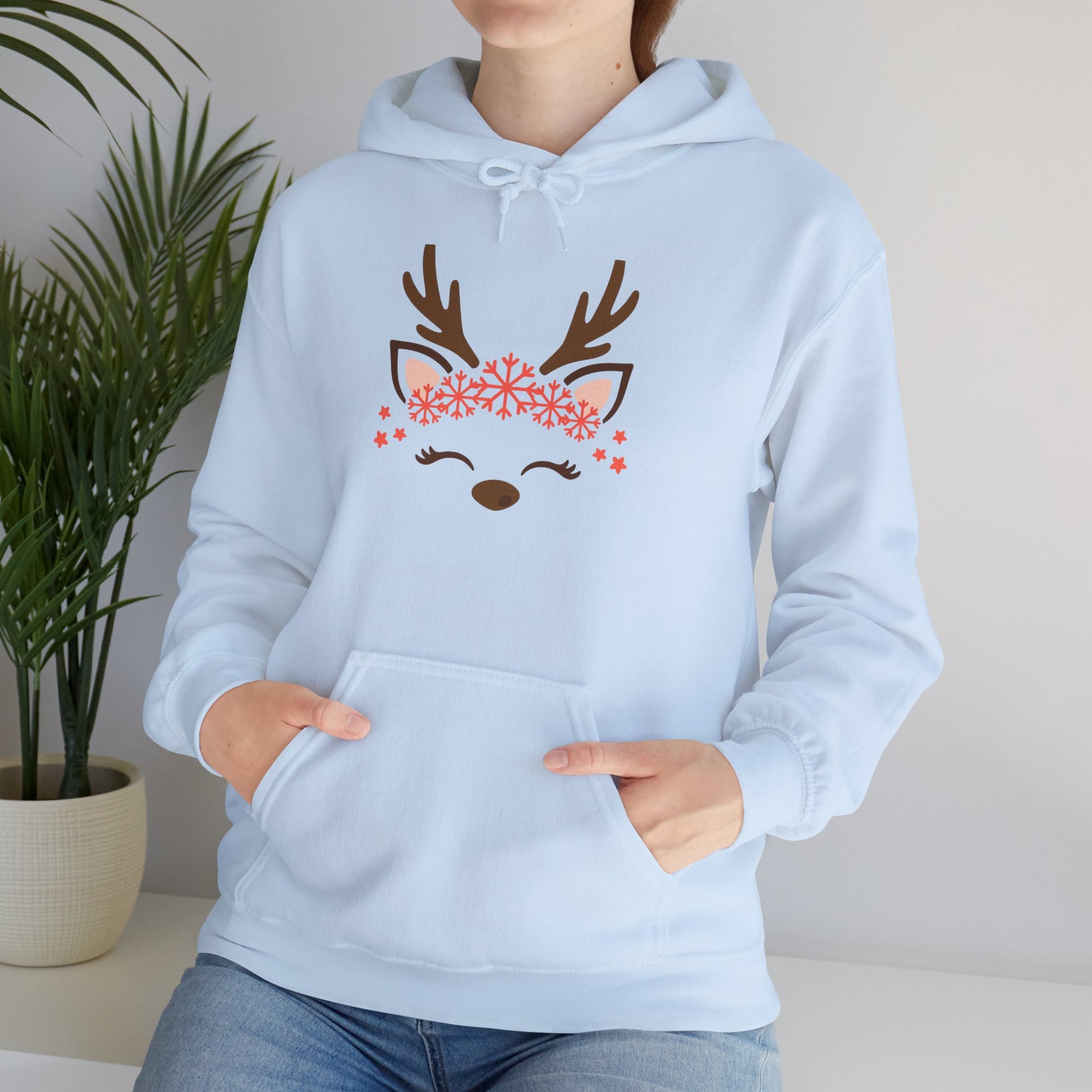 Reindeer Face Floral Hoodie – Cute Christmas Reindeer Sweatshirt