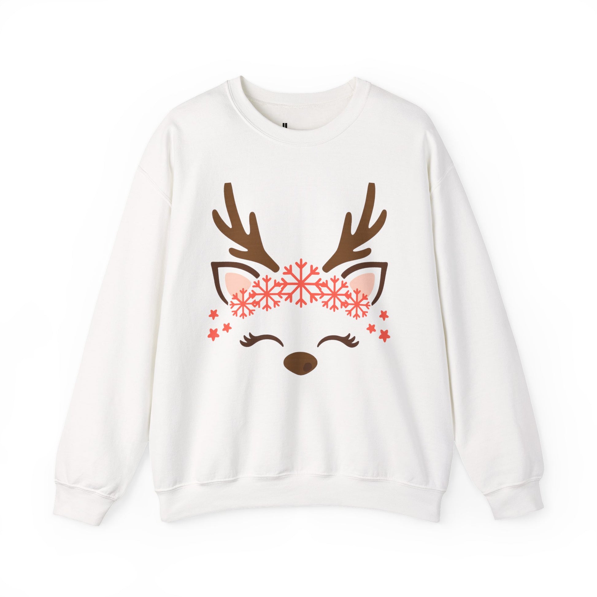 Reindeer Face Crewneck Sweatshirt — Cute Snowflake Antler Holiday Sweatshirt