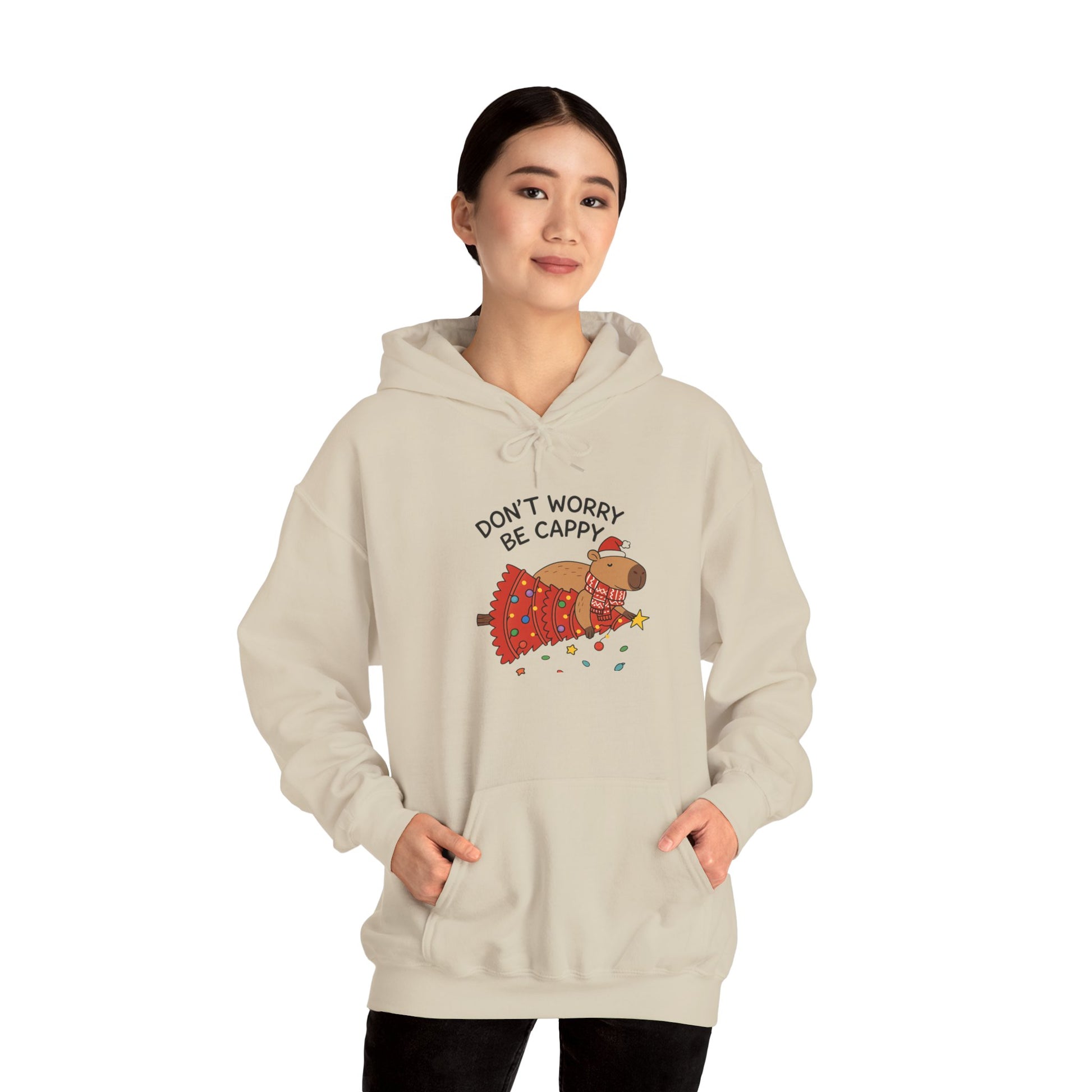 Hoodie — "Don’t Worry, Be Cappy" Cute Capybara Christmas Holiday Hoodie