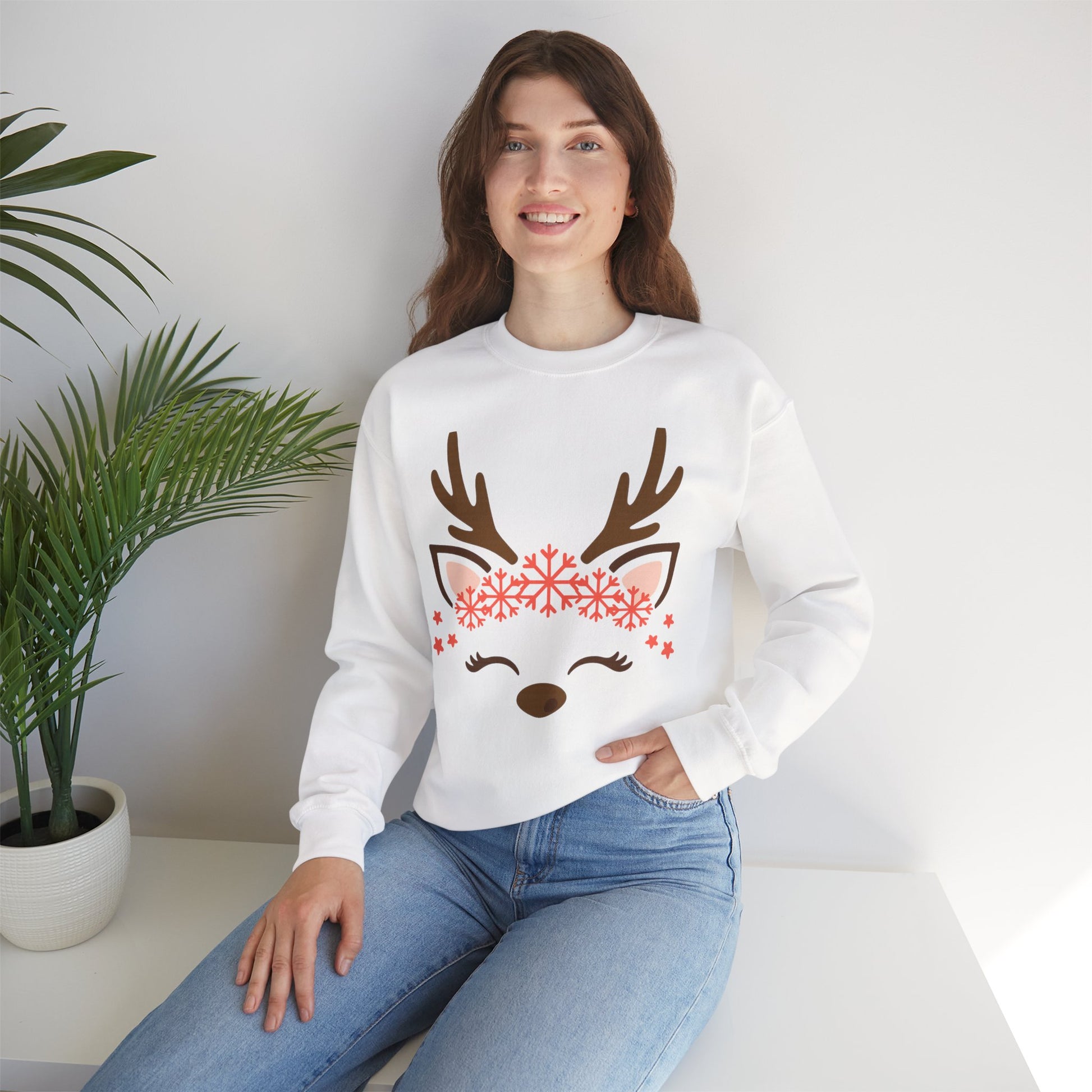 Reindeer Face Crewneck Sweatshirt — Cute Snowflake Antler Holiday Sweatshirt