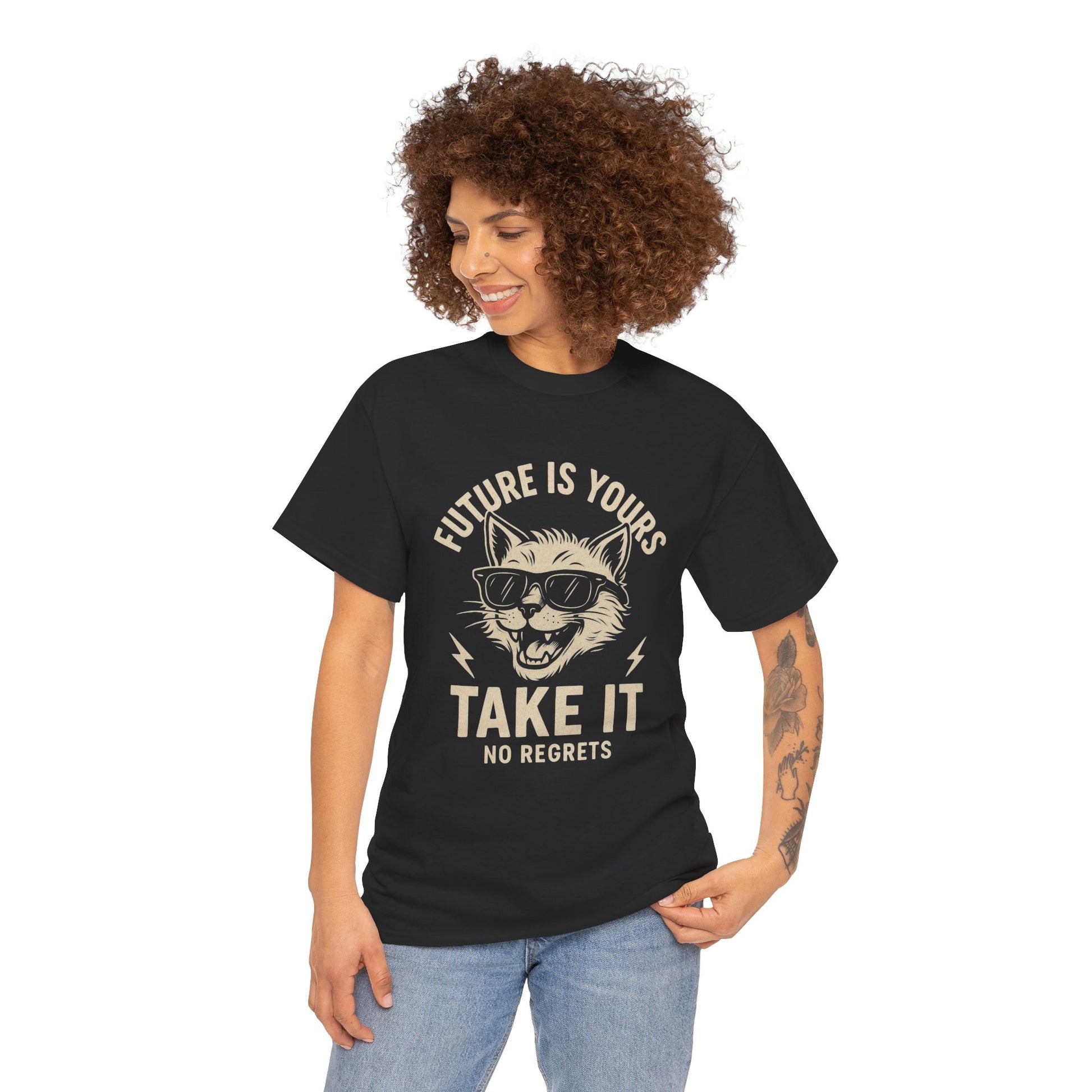 Cat Motivational Unisex Tee | Future is Yours, Take It | Gift for Cat Lovers, Positive Vibes, No Regrets, Casual Wear, Everyday Use