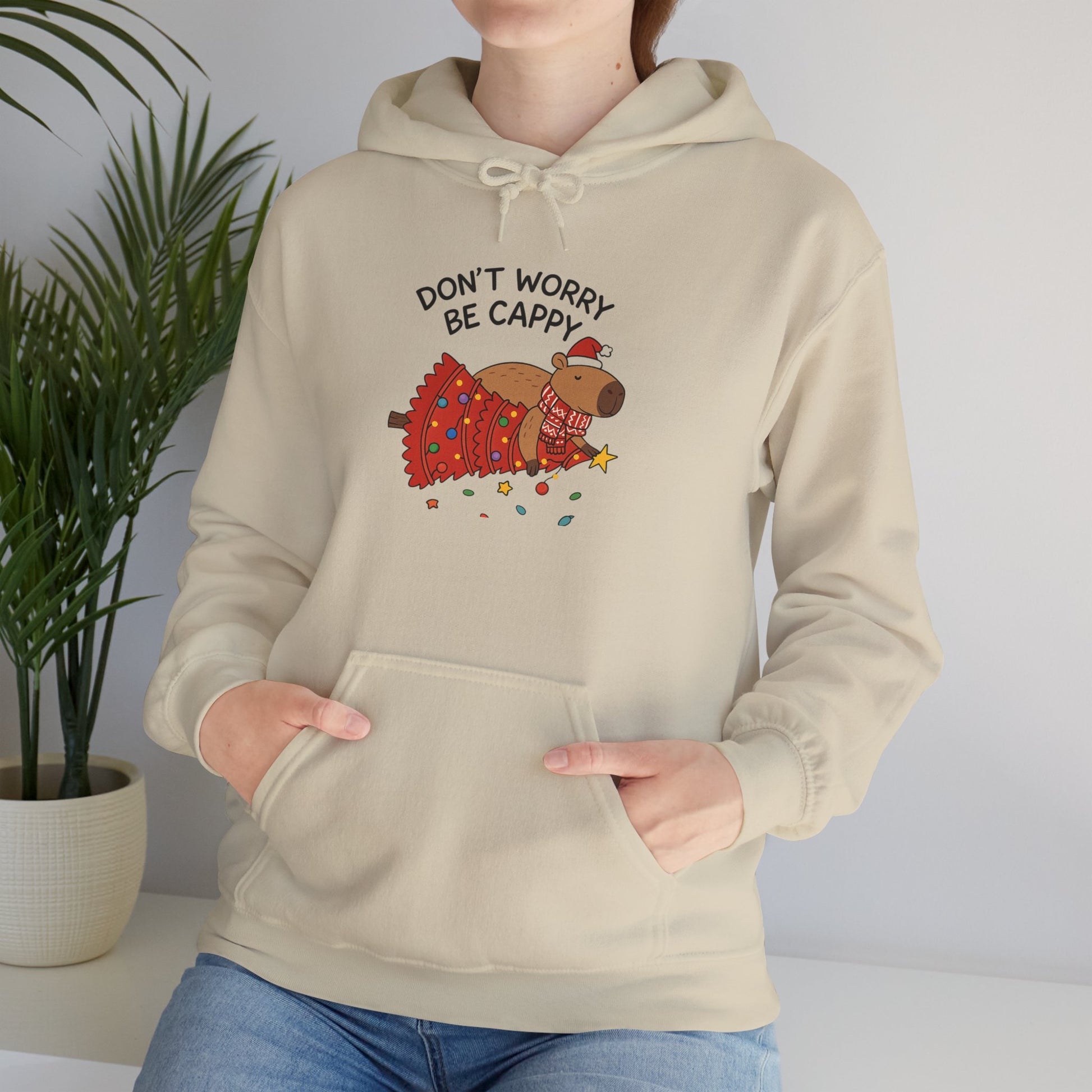 Hoodie — "Don’t Worry, Be Cappy" Cute Capybara Christmas Holiday Hoodie