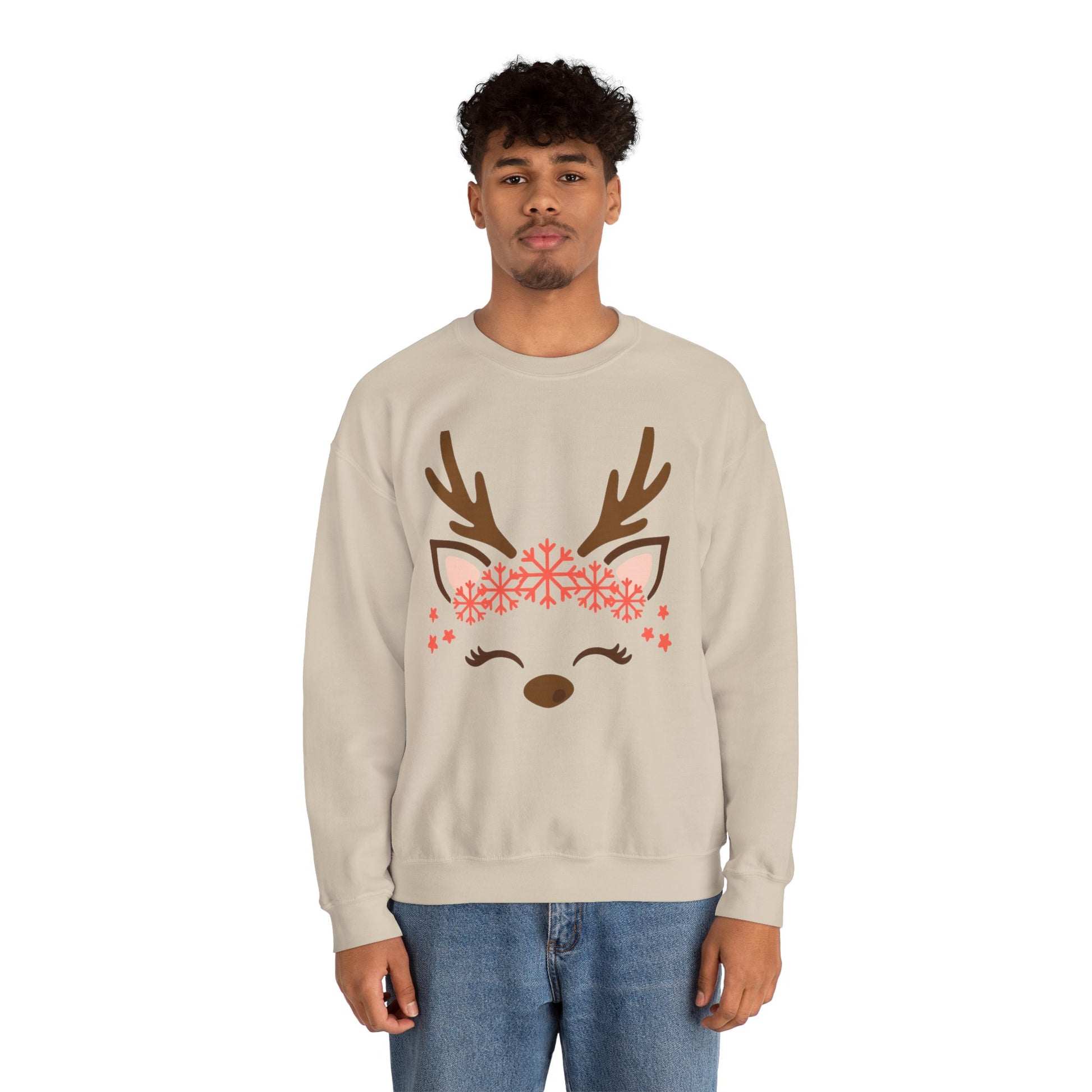 Reindeer Face Crewneck Sweatshirt — Cute Snowflake Antler Holiday Sweatshirt