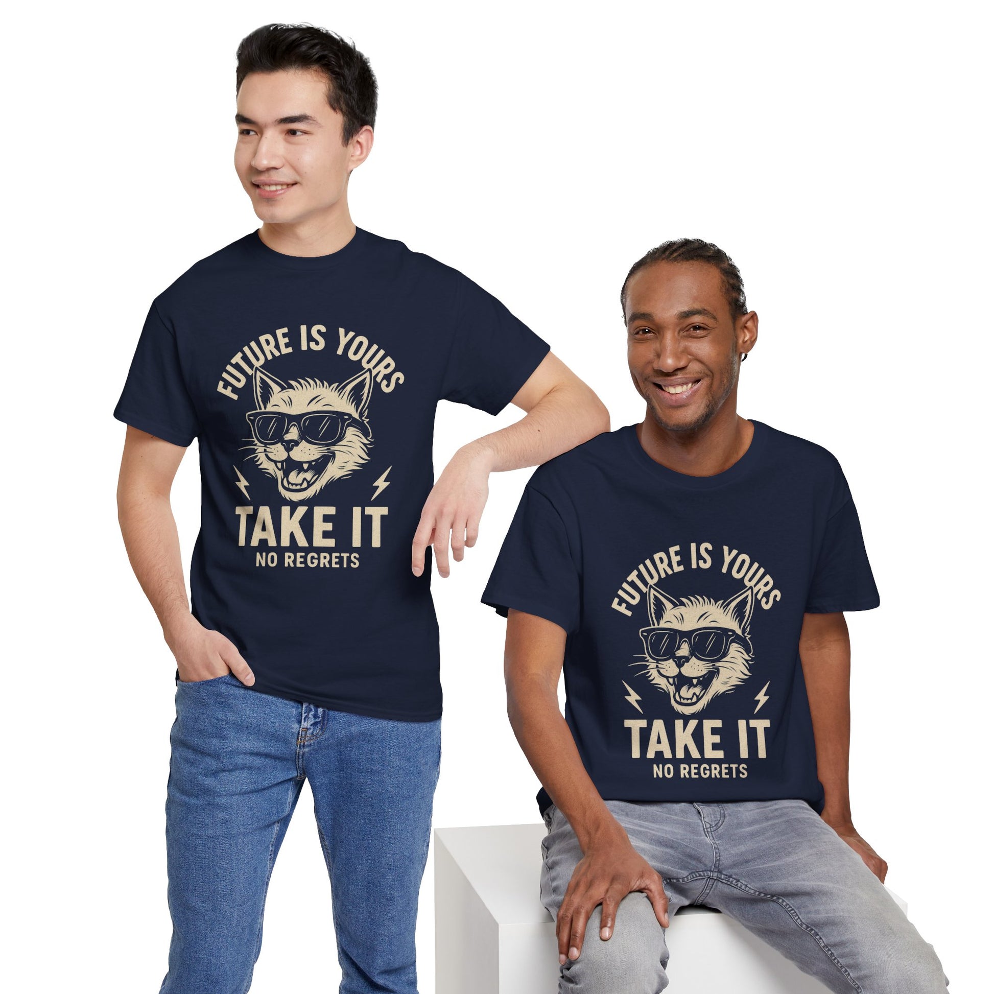 Cat Motivational Unisex Tee | Future is Yours, Take It | Gift for Cat Lovers, Positive Vibes, No Regrets, Casual Wear, Everyday Use
